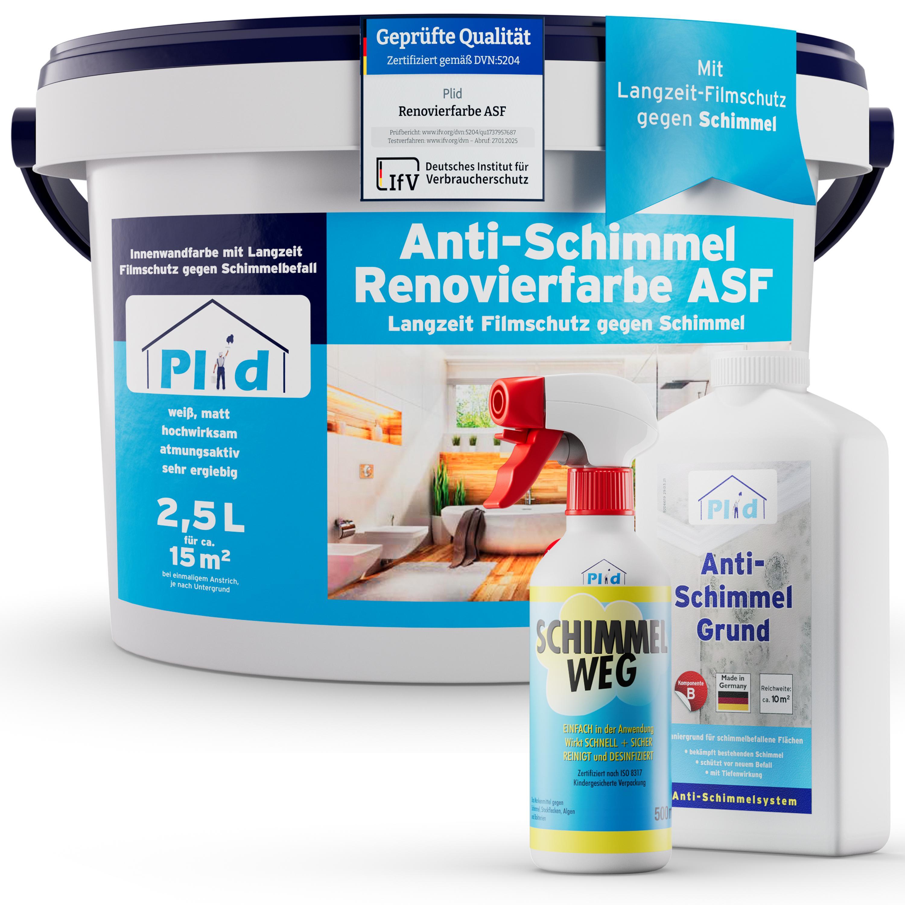plid Anti Schimmel Renovierfarbe 2,5l, Weiß inkl. Spray + Grundierung für ca. 15m² [DAUERHAFTER SCHIMMELSCHUTZ] alle Wände Innen - Farbe für feuchte Räume