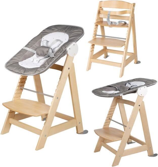 Hochstuhl 2 in 1 Roba Born Up, Holz Natur, Babywippe mit Liegefunktion, Sternenmuster, Ab Geburt, Verstellbar bis 70 kg ROB4005317314952