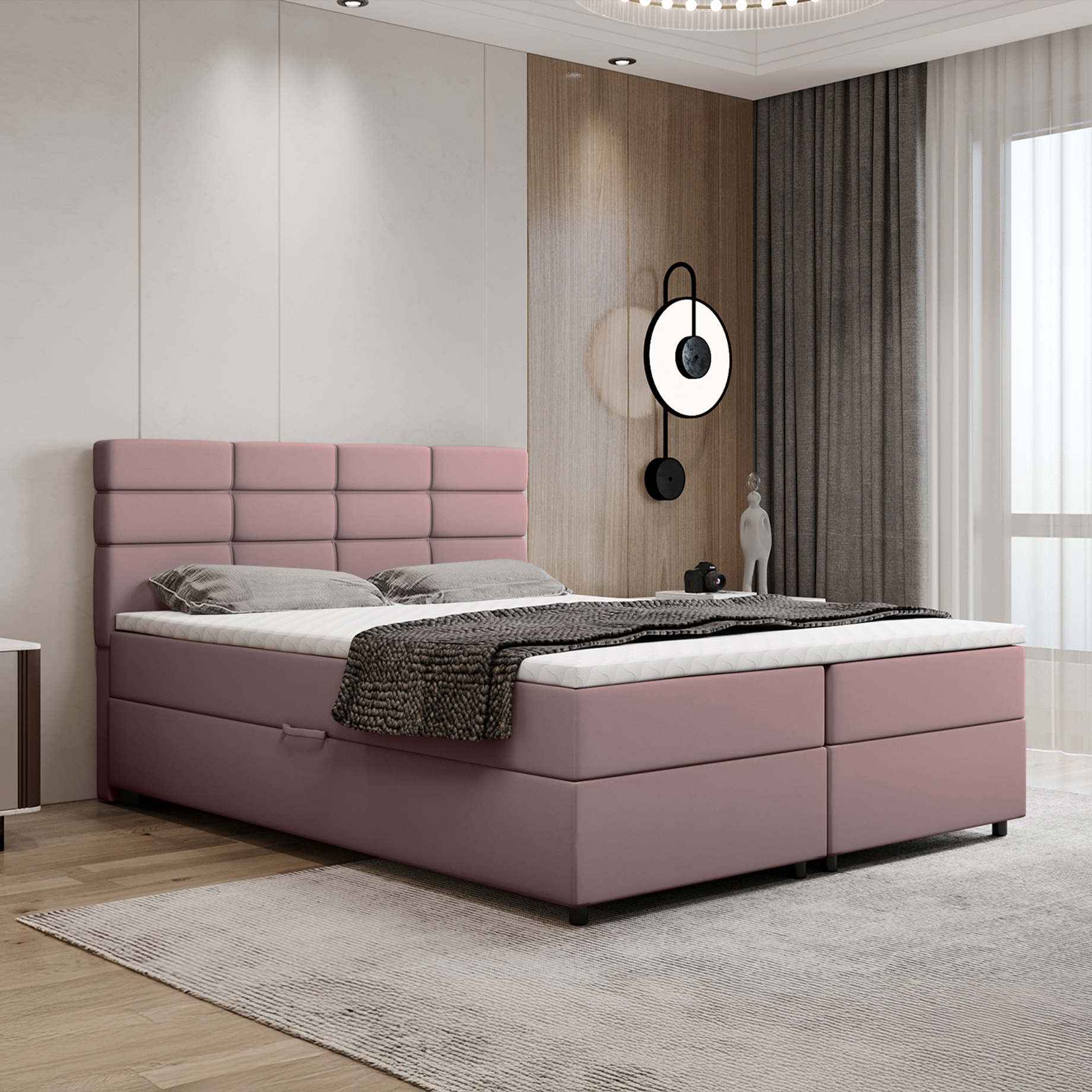 Boxspringbett 160x200, mit Bettkasten, Rosa, Matratze und Topper, Doppelbett, REVE, Panda Möbel