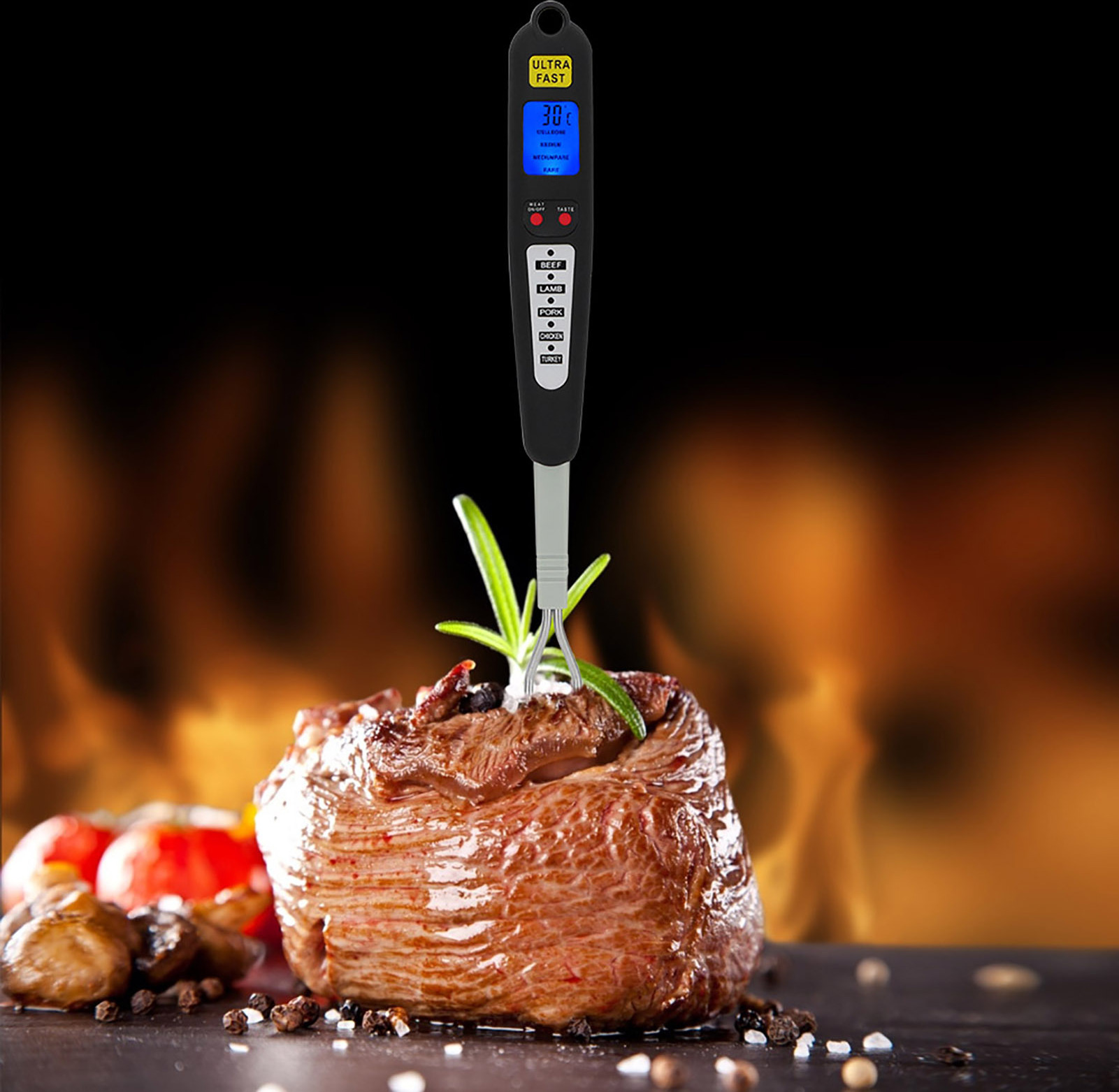 Teplomer na mäso, teplomer na grilovanie, teplomer s dvojitou sondou, dvojitý vidlicový teplomer, teplomer na varenie vidlíc