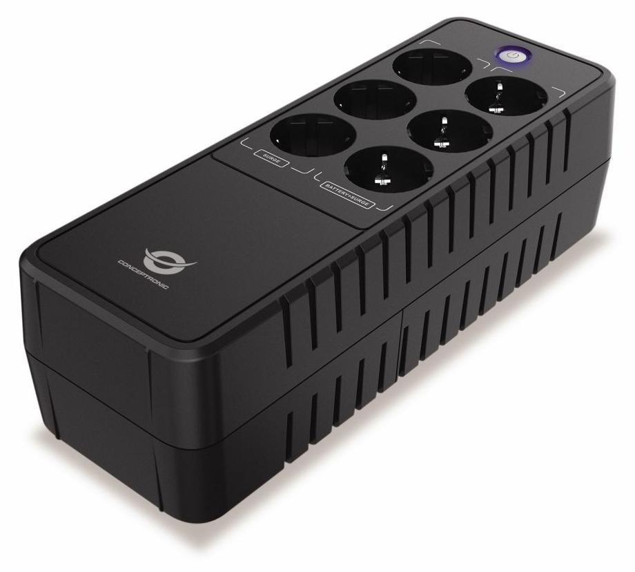 Conceptronic ZEUS09E Büro-USV, 850 VA, 490 W, Batterie- und überspannungsgeschützter Schuko x 3, überspannungsgeschützter Schuko x 3, RJ45-Ein-/Ausgang