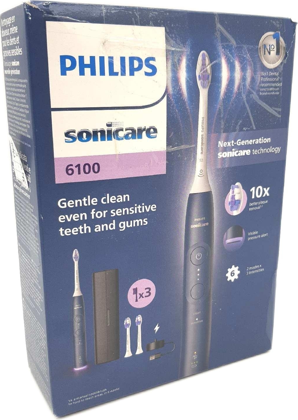 Philips Sonicare 6100 series HX7403/01, Dospelý, Sonická zubná kefka, Jemný, 62000 pohybov za minútu, Modrá, 2 min, 4 x 30 sec