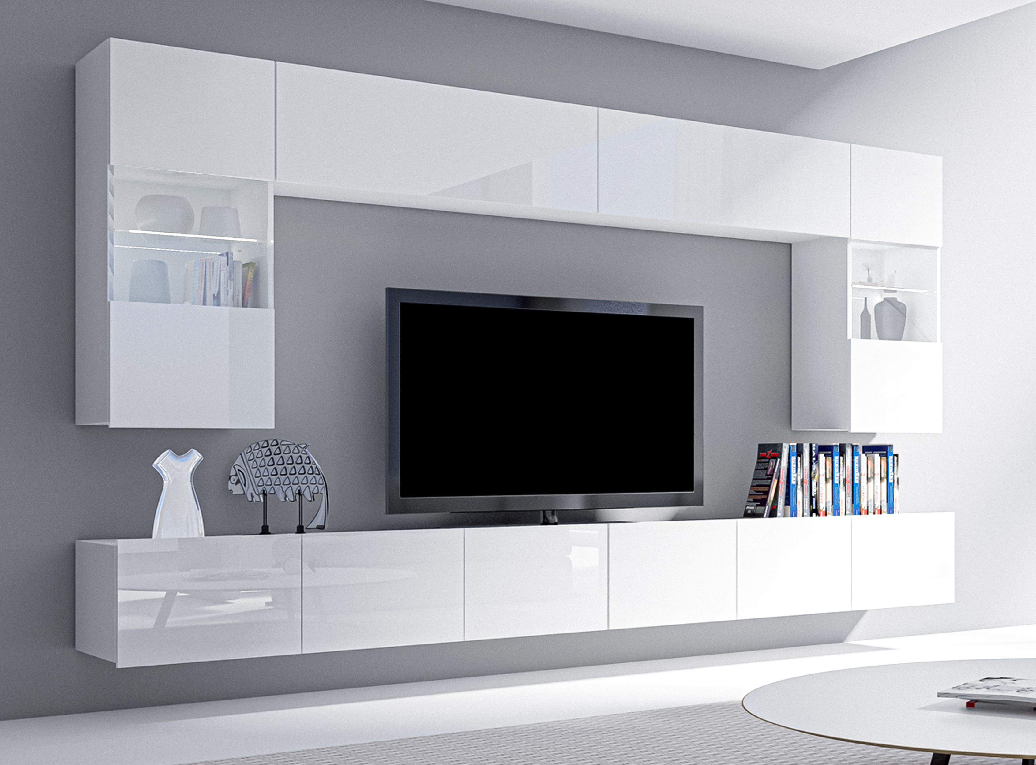 AX LIVING Wohnwand Modern Kossana 1 – 300 cm Breite, Funktional Weiß N1703