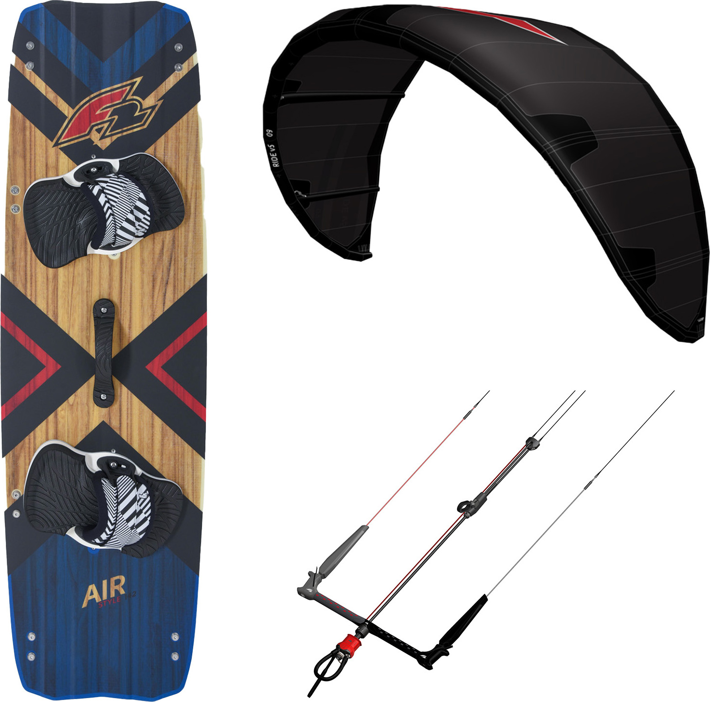 F2 Set Kite Ride V5 5qm + Kiteboard Air Wood 137cm + Control Bar 46cm