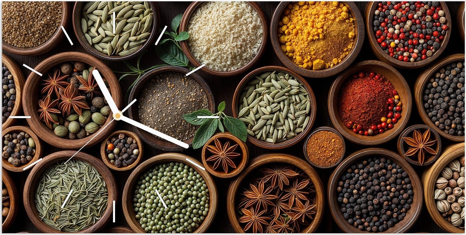 Primedeco Wanduhr aus Glas mit Motiv Vielfalt Gewuerze- 60 x 30 cm - inkl. Aufhängesystem