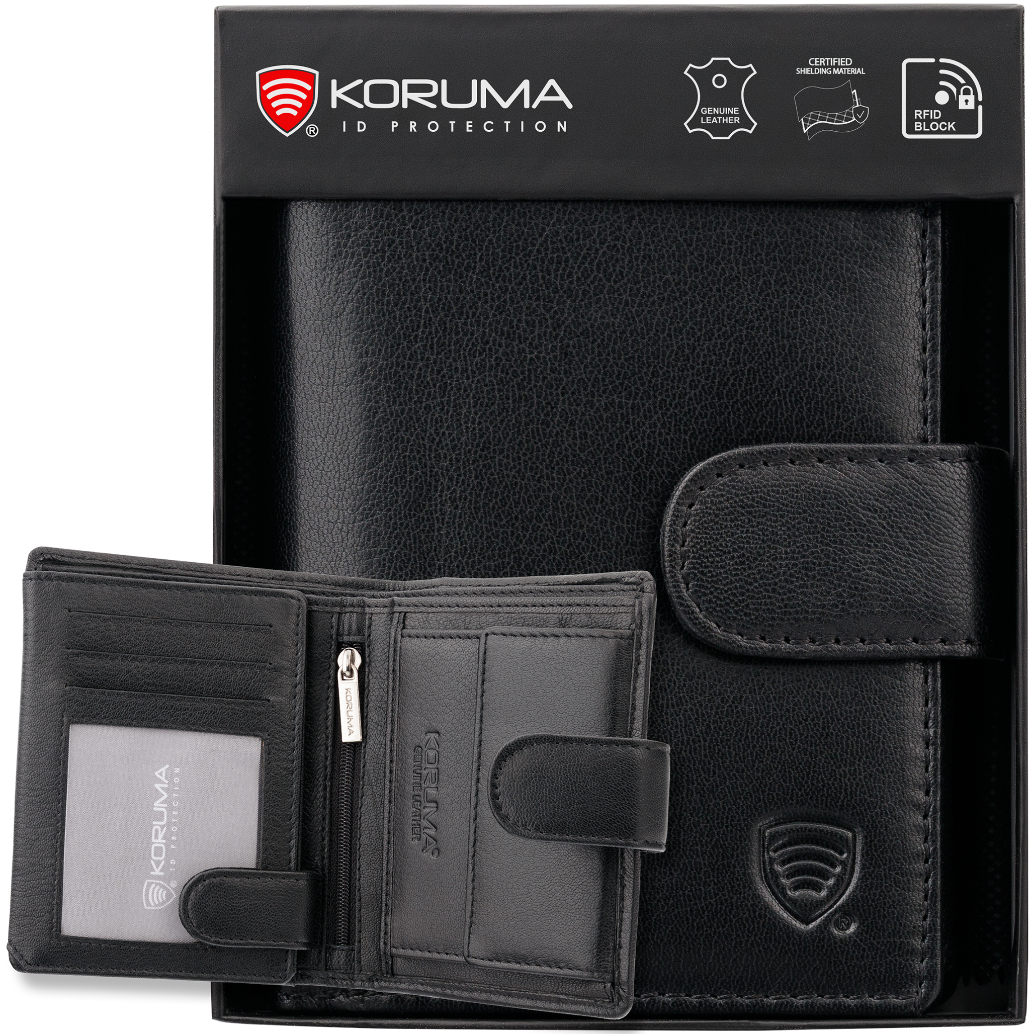 Herren Geldbörse RFID Leder Schwarz Hochformat – RFID Schutz – Herrengeldbörse mit Münzfach, Kartenfächern & Reißverschlussfach Portemonnaie / KORUMA® SM-904GBL