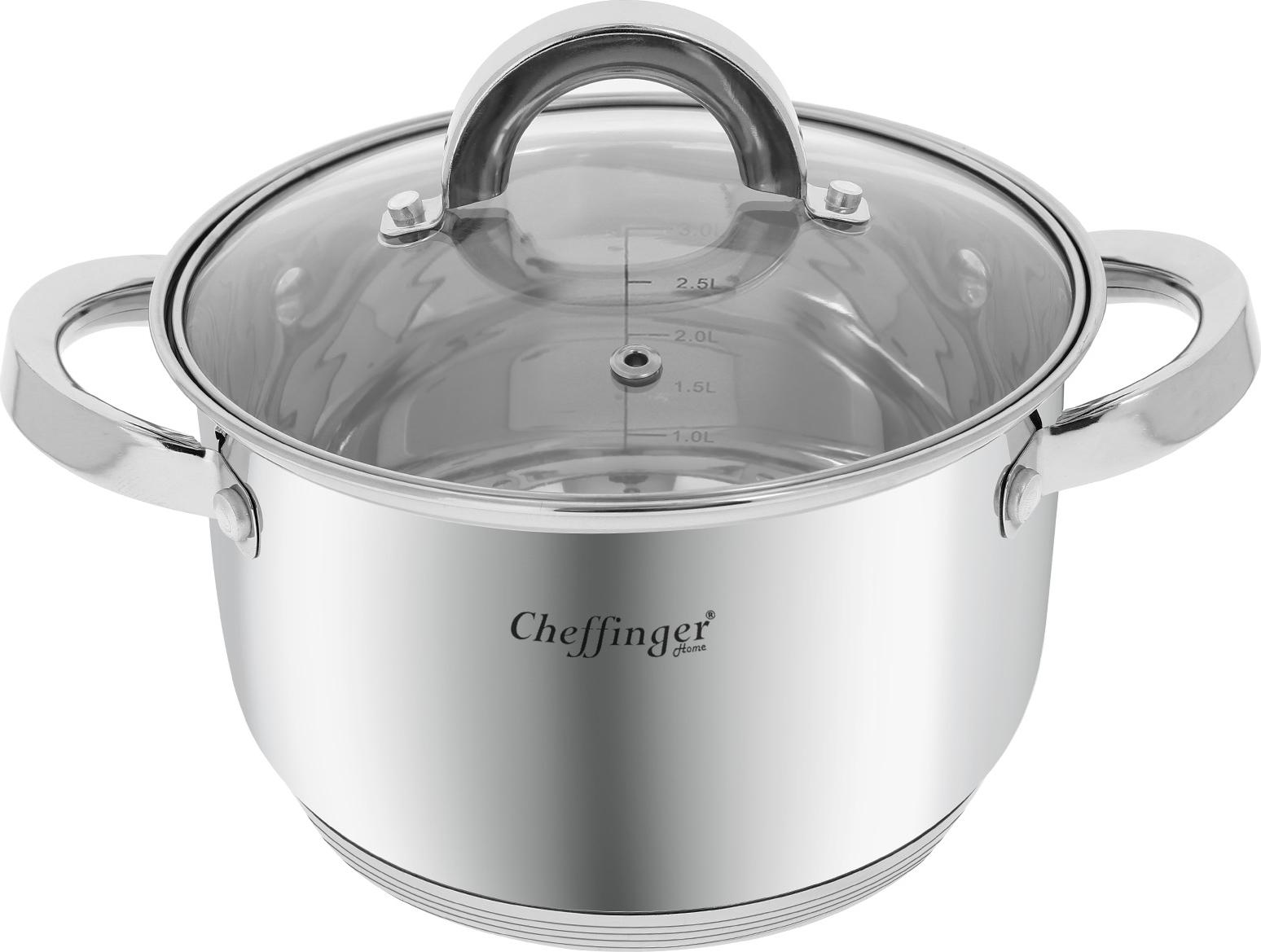 Cheffinger, Edelstahl Kochtopf mit Glasdeckel 20cm 3.9L Induktion, Silber SS20