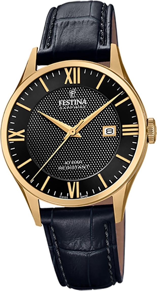 Pánske kožené hodinky Festina F20010/4 náramkové hodinky čierne Swiss Made D2UF20010/4