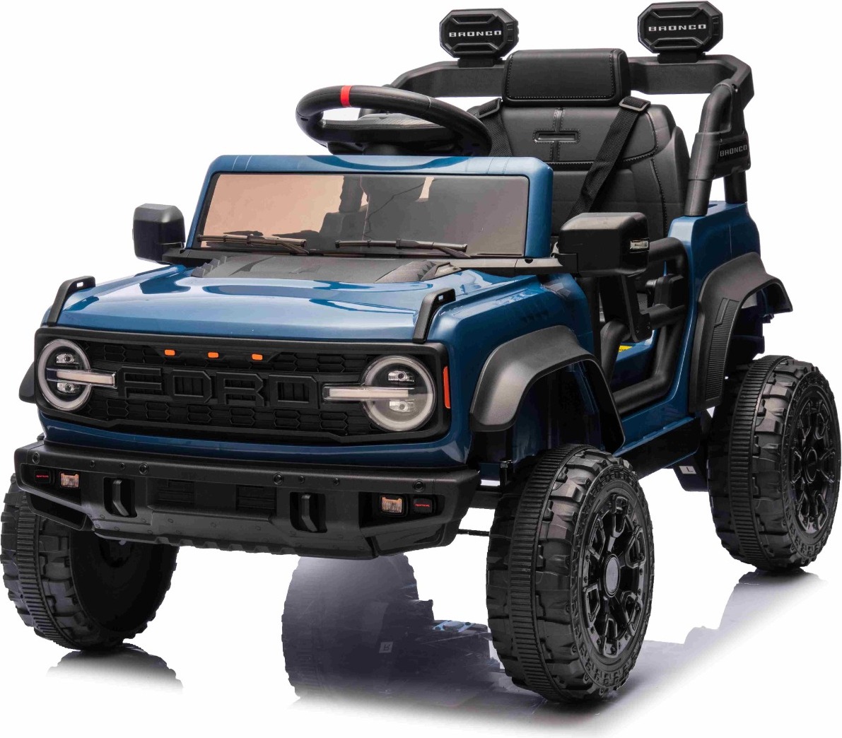 Elektrické detské vozidlo Ford Bronco s pohonom zadných kolies, licencované (jednomiestne), modré, lítiová batéria, vysoká svetlá výška, široké sedadlo, odpruženie zadnej nápravy, diaľkové ovládanie 2,4 GHz, MP3 prehrávač s USB portom, LED osvetlenie