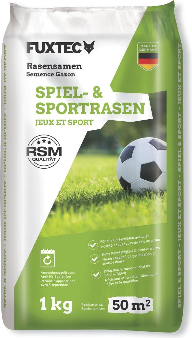 FUXTEC Rasensamen Spiel- & Sportrasen FX-RSSP1 | robuster Gartenrasen | hohe Keimfähigkeit | 1 kg für ca. 50 m²