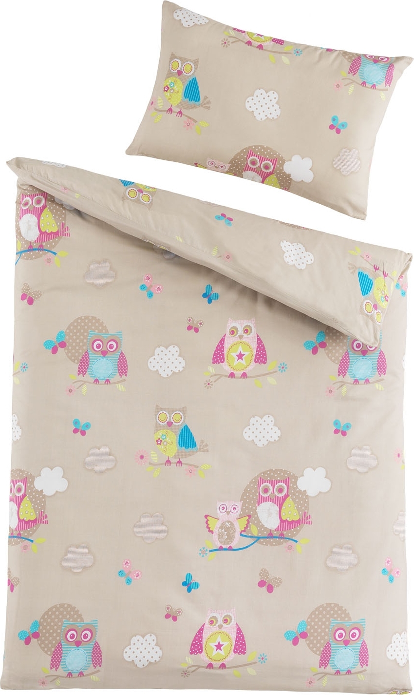 Holiday Heimtex Baby-Renforce-Bettwäsche - 100 x 135 cm - Creme - Blau - Pink - Eulenmotive - mit Reißverschluss 416190