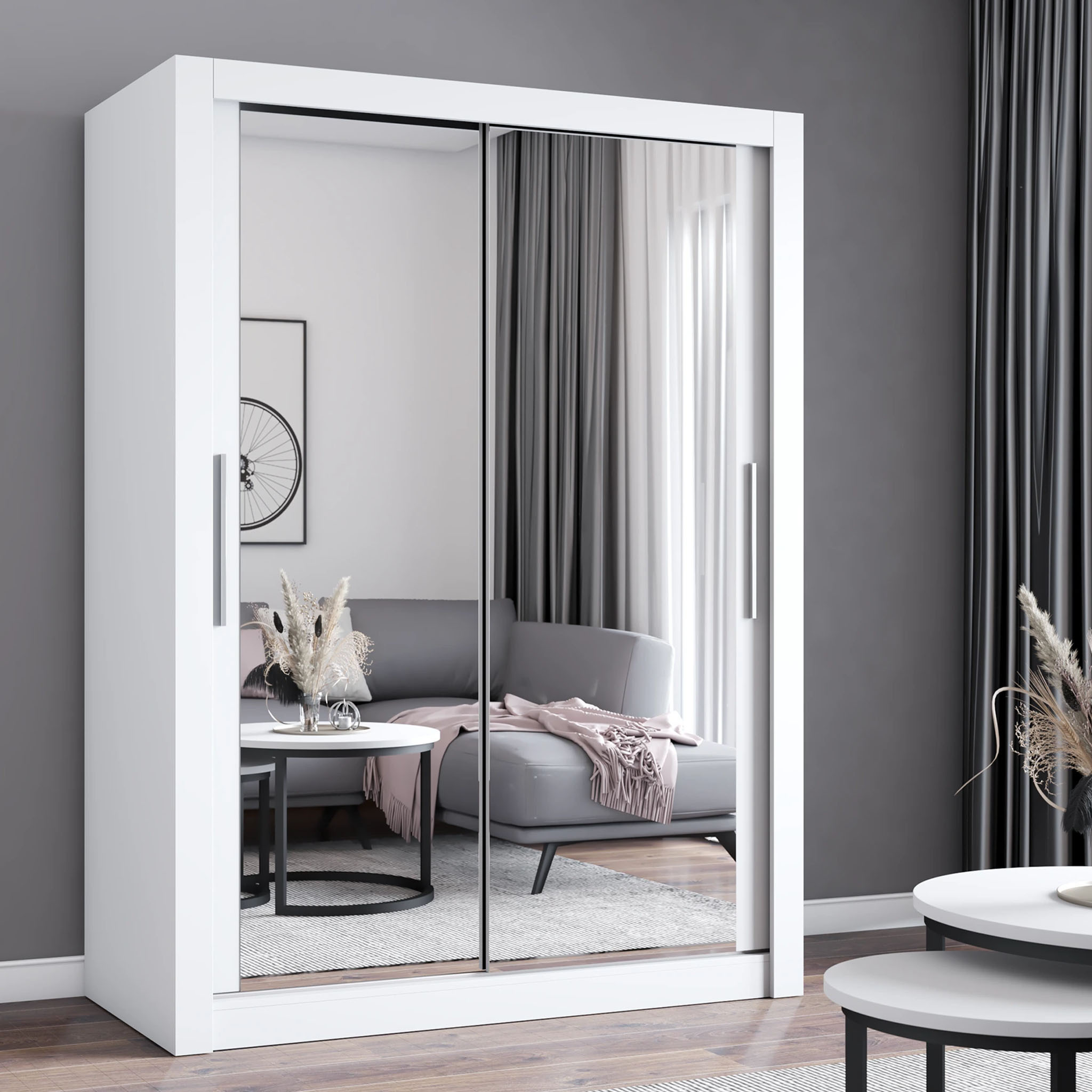Schwebetürenschrank Kleiderschrank Schrank 150cm Weiß/Weiß
