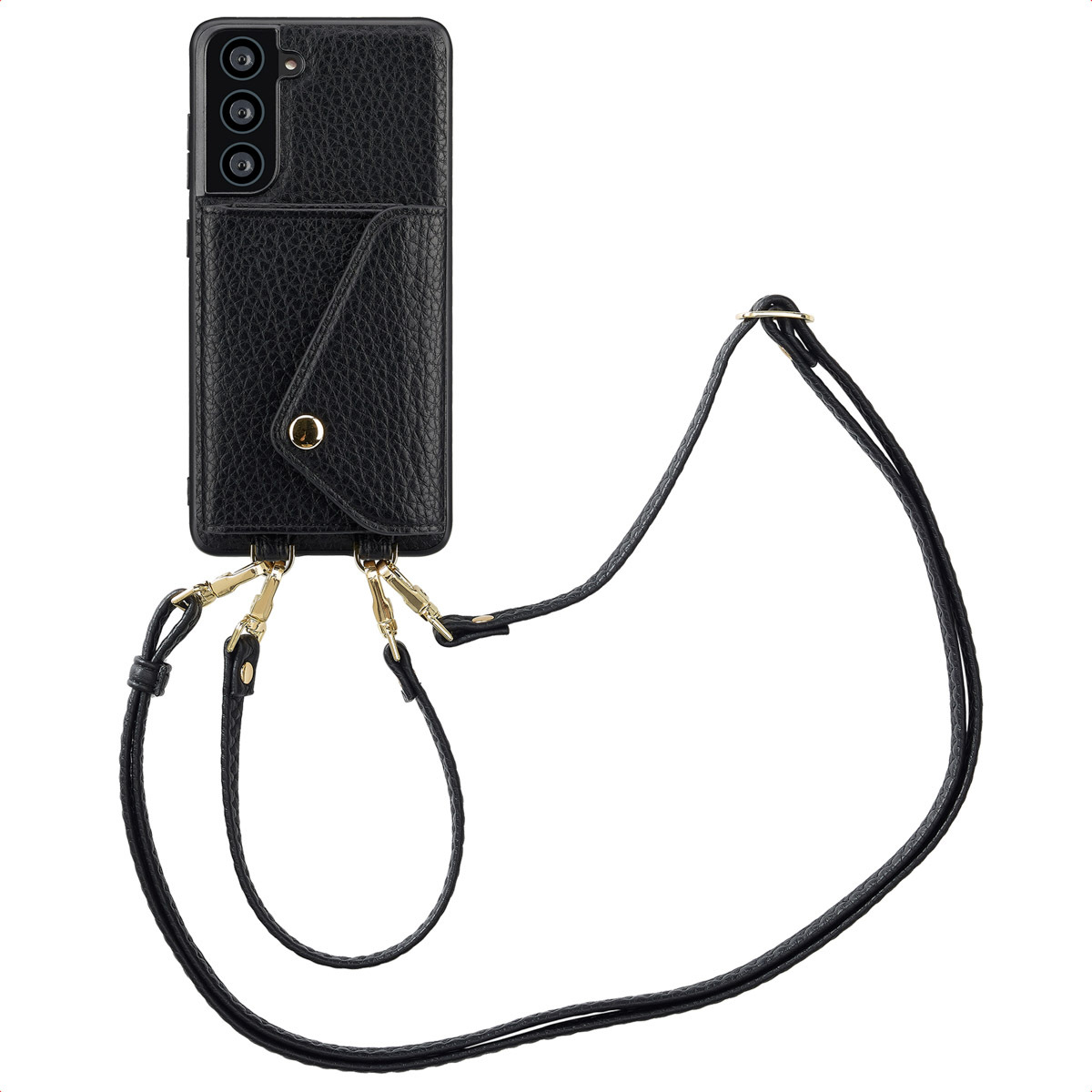 Puzdro na telefón Selencia Sera s káblom a obálkovým držiakom na karty pre Samsung Galaxy S21 FE - čierne