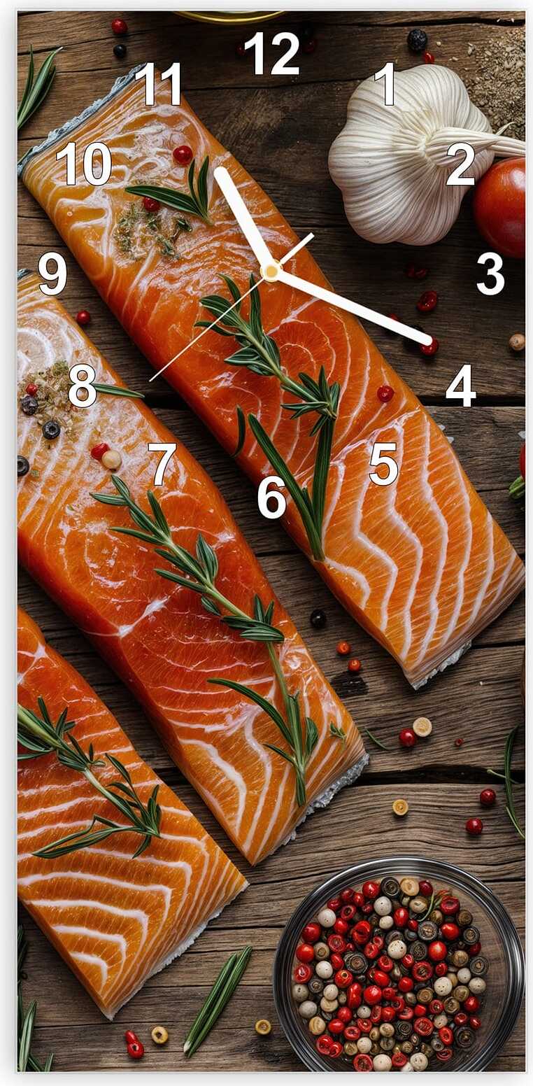 Primedeco Wanduhr aus Glas mit Motiv Lachsfilets- 30 x 60 cm - inkl. Aufhängesystem