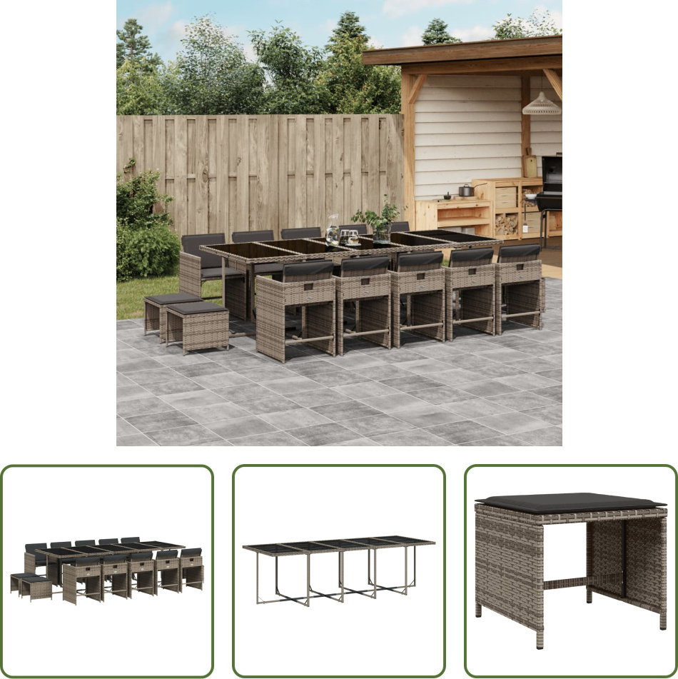 The Living Store 15-dielny záhradný jedálenský set s vankúšmi sivý polyratan