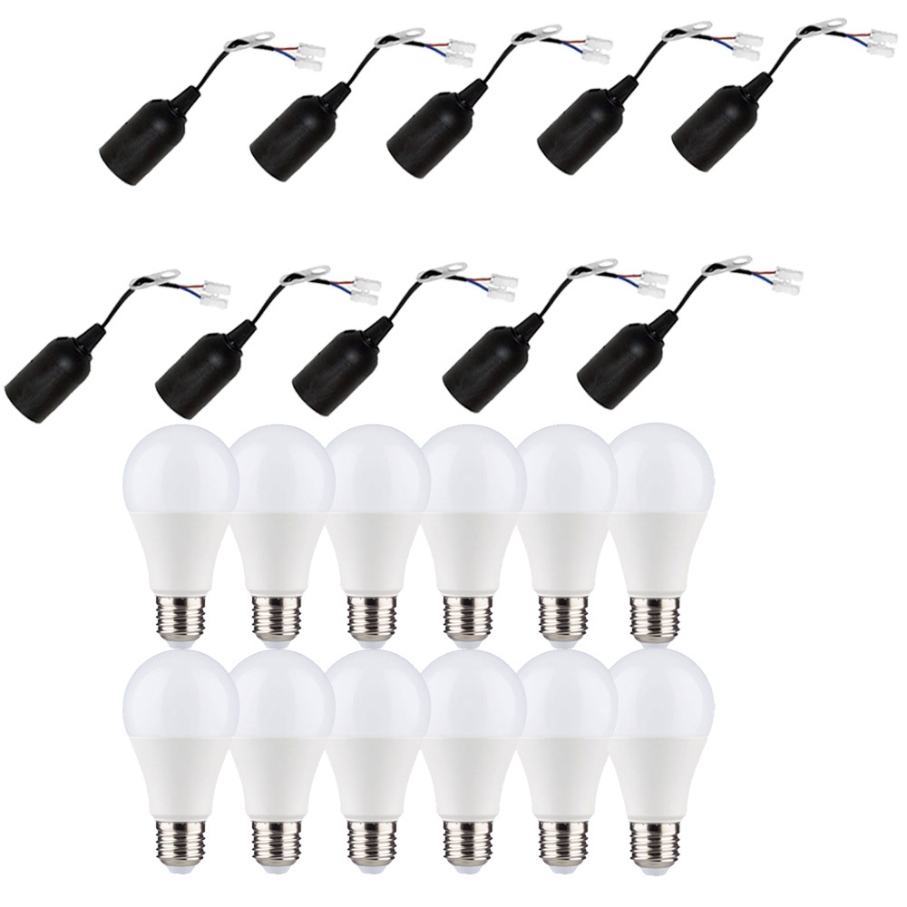 NCC-Licht 12 x LED Leuchtmittel A60 9W = 60W E27 matt 820lm warmweiß + 10 x Baufassung Lampenfassung Renovierfassung E27 schwarz mit Steckklemme