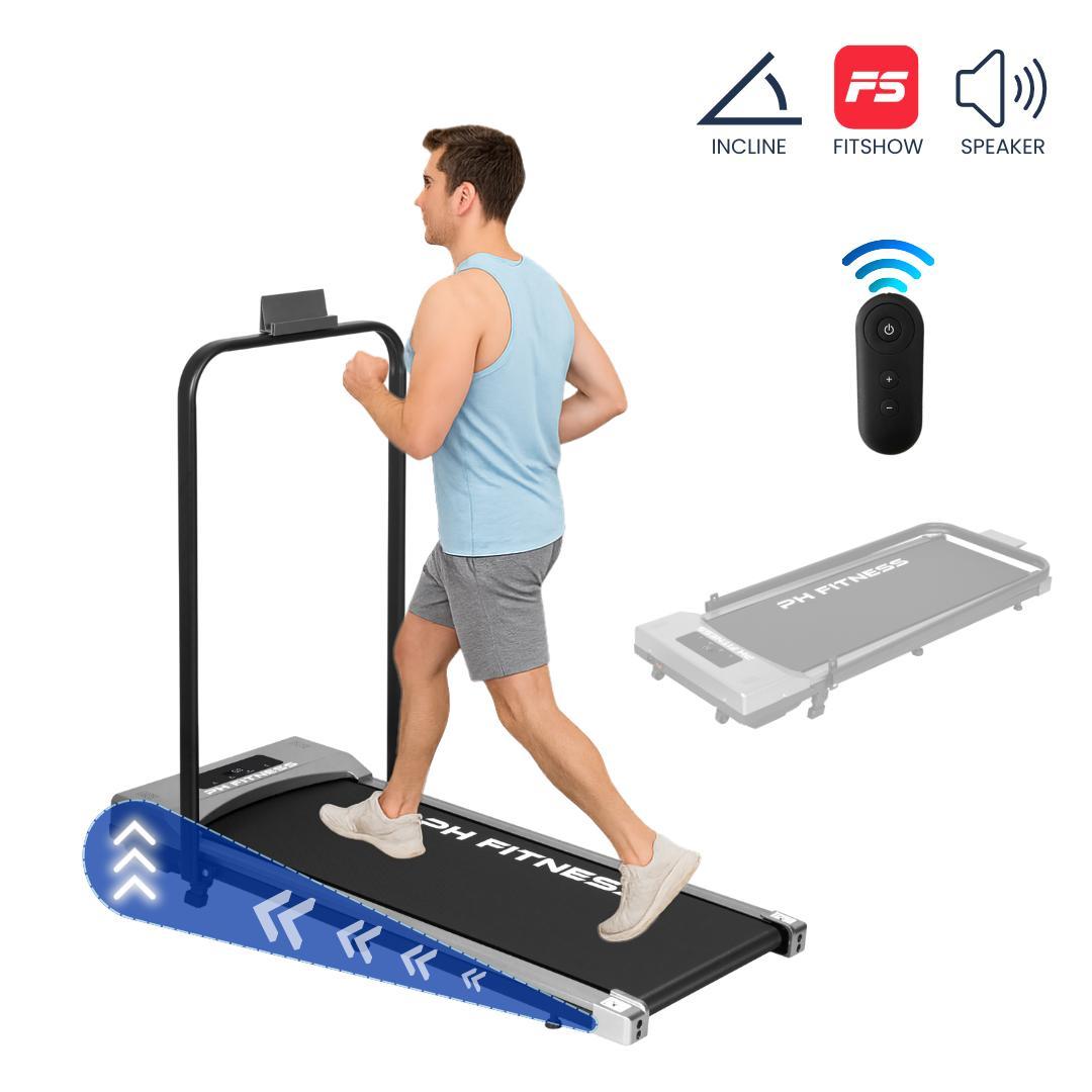 PH Fitness bežecký pás A1F skladací - WalkingPad pre domácnosť - 1,5 hp motor, 1-8 km/h, 120 kg - Bluetooth, diaľkové ovládanie, LCD displej, kompaktný - šedý