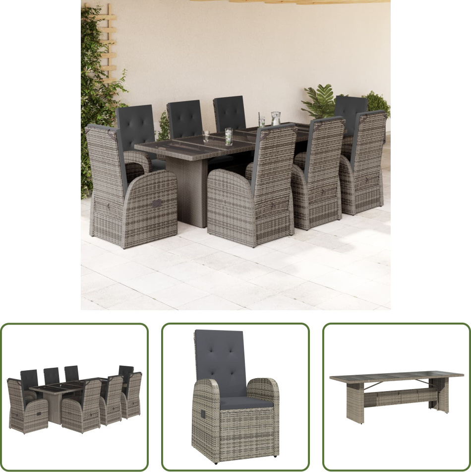 The Living Store 9-dielny záhradný jedálenský set s vankúšmi sivý polyratan
