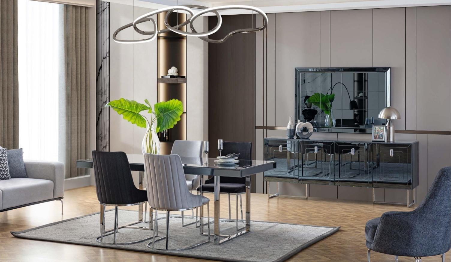 AEA Schwarz-Graue Esszimmer Möbel Rechteckiger Esstisch 4x Textil Stühle