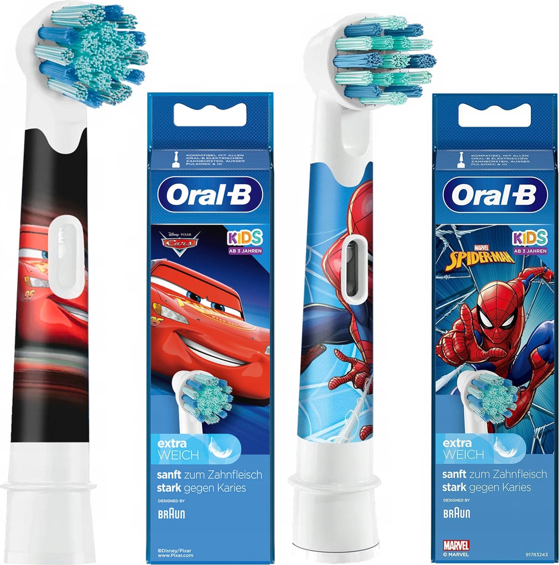2X Oral-B Kids Tip Disney Cars Spiderman