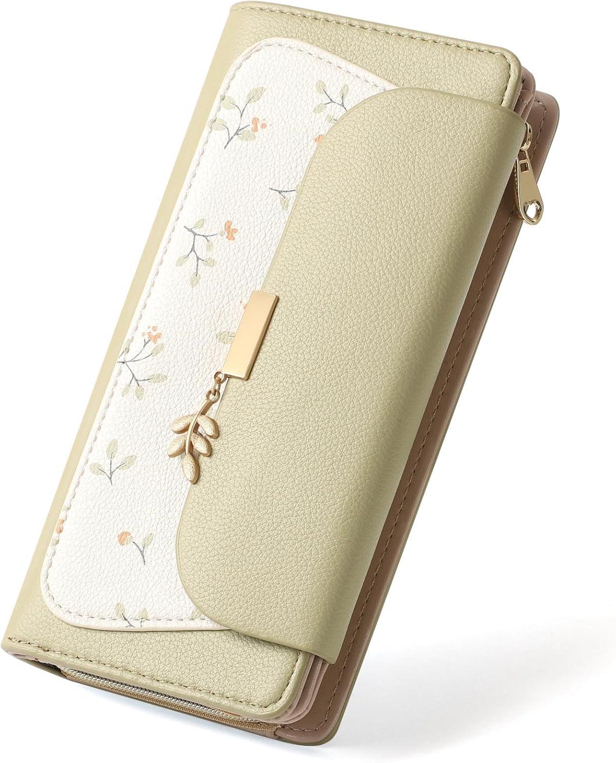 RRANCharltu Geldbörse Damen groß aus Kunstleder mit RFID-Schutz, viele Fächer, Reißverschluss-Münzfach, Karten- & Ausweisfächer, elegantes Blumen Design