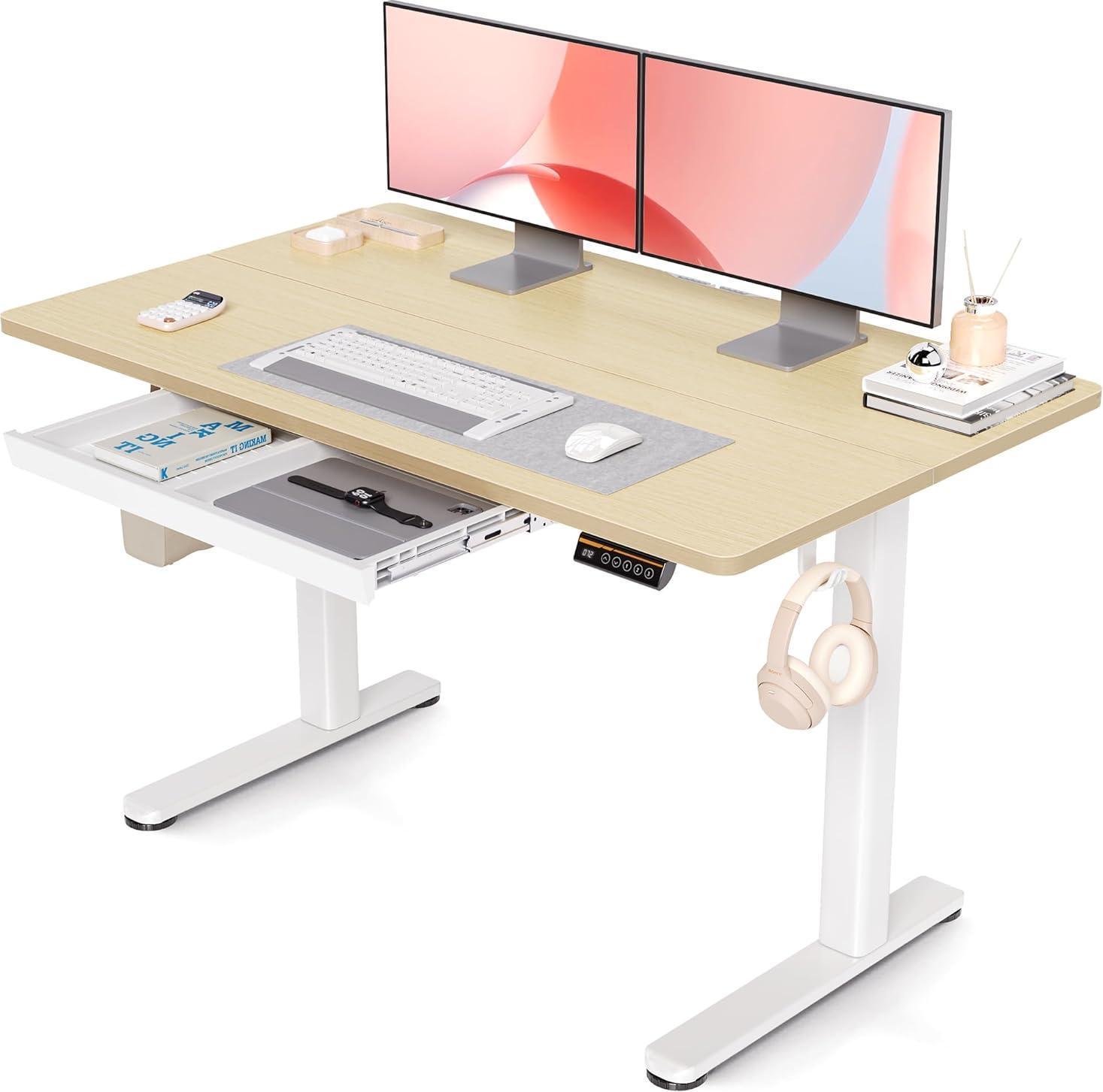 Höhenverstellbarer Schreibtisch 120x60 cm mit Schublade, Elektrisch, Weiß/Beige