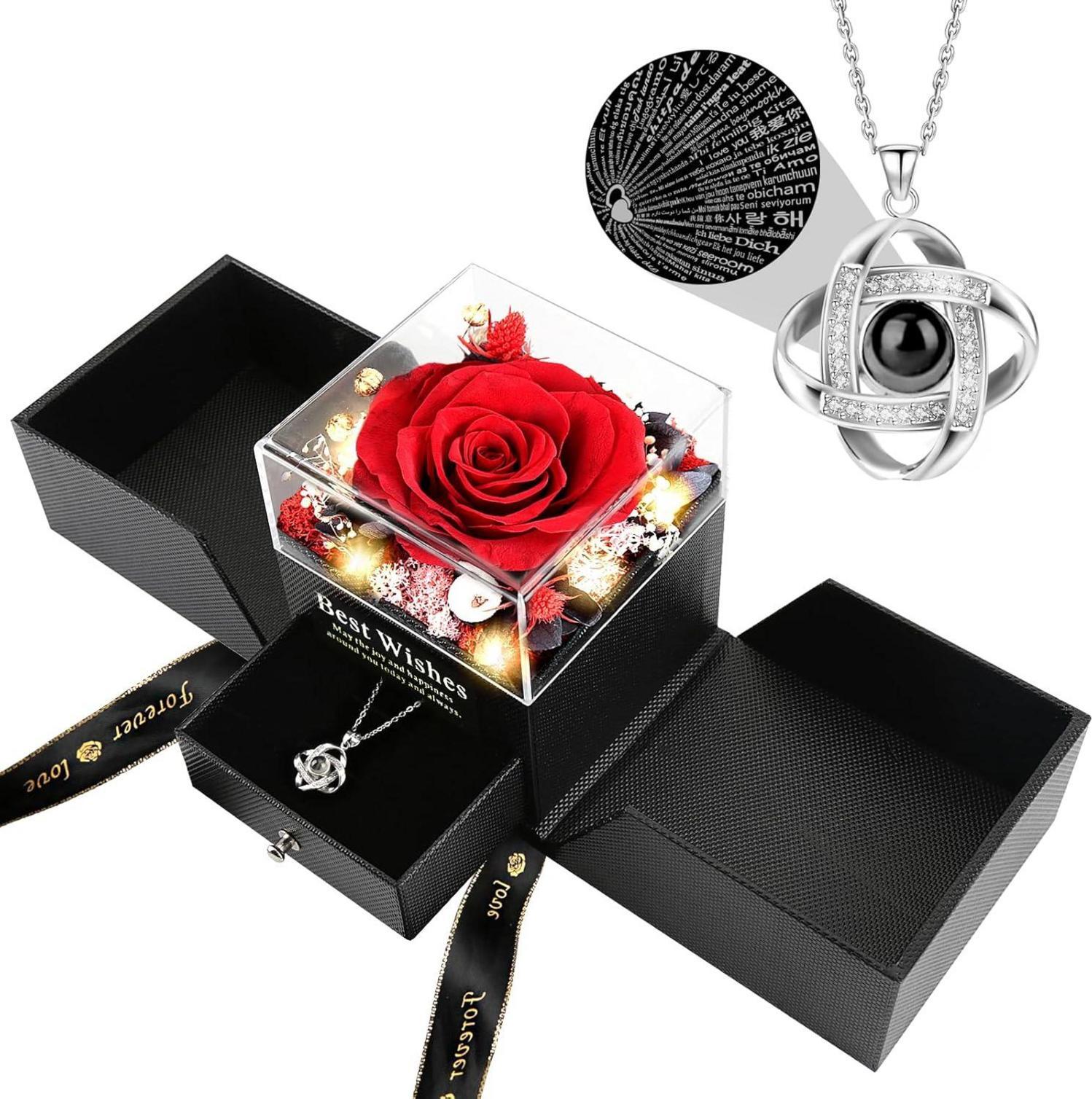 Sonstige FAYODO Ewige Rose mit Halskette - Damen Infinity Echte Rose Schmuck Geschenkbox Rot