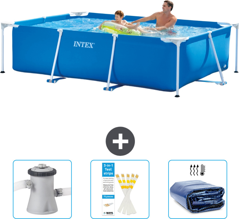 Bazén Intex s obdĺžnikovým rámom - 260 x 160 x 65 cm - modrý - obsahuje filtračné čerpadlo pre bazén - testovacie prúžky - slnečnú striešku