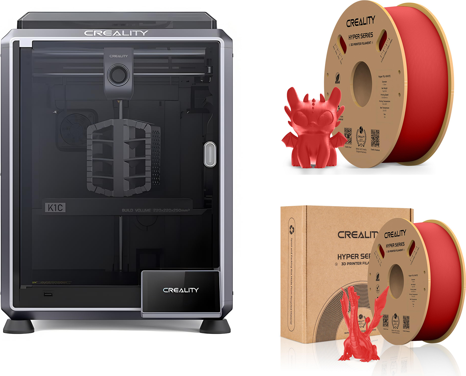 CREALITY 3D Creality K1C 3D Drucker, mit 2kg Creality Hyper PLA Filament--Rot