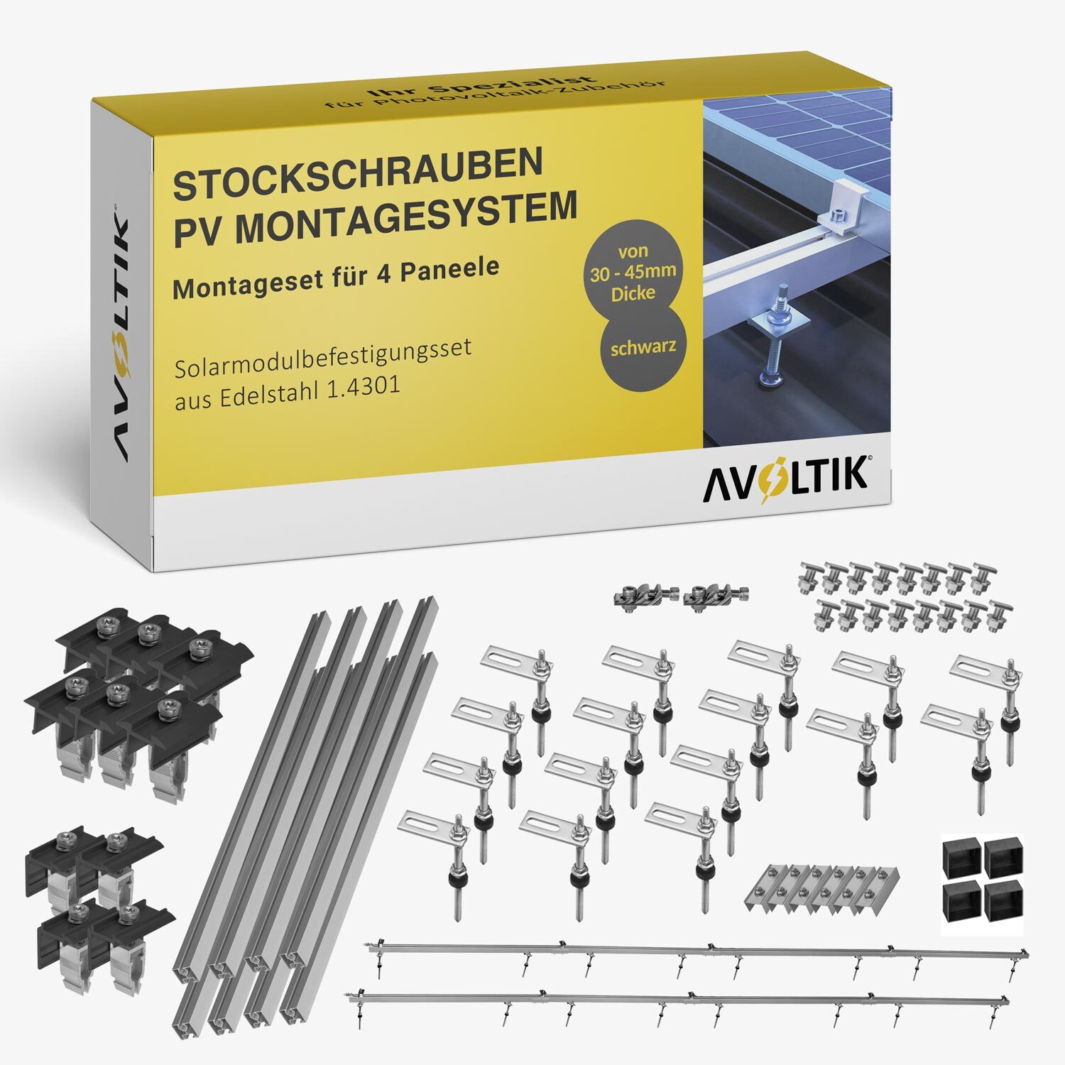 Avoltik Stockschrauben Blechdach PV Montagesystem Befestigung für 4 Paneele in Schwarz avoltik-333465030004