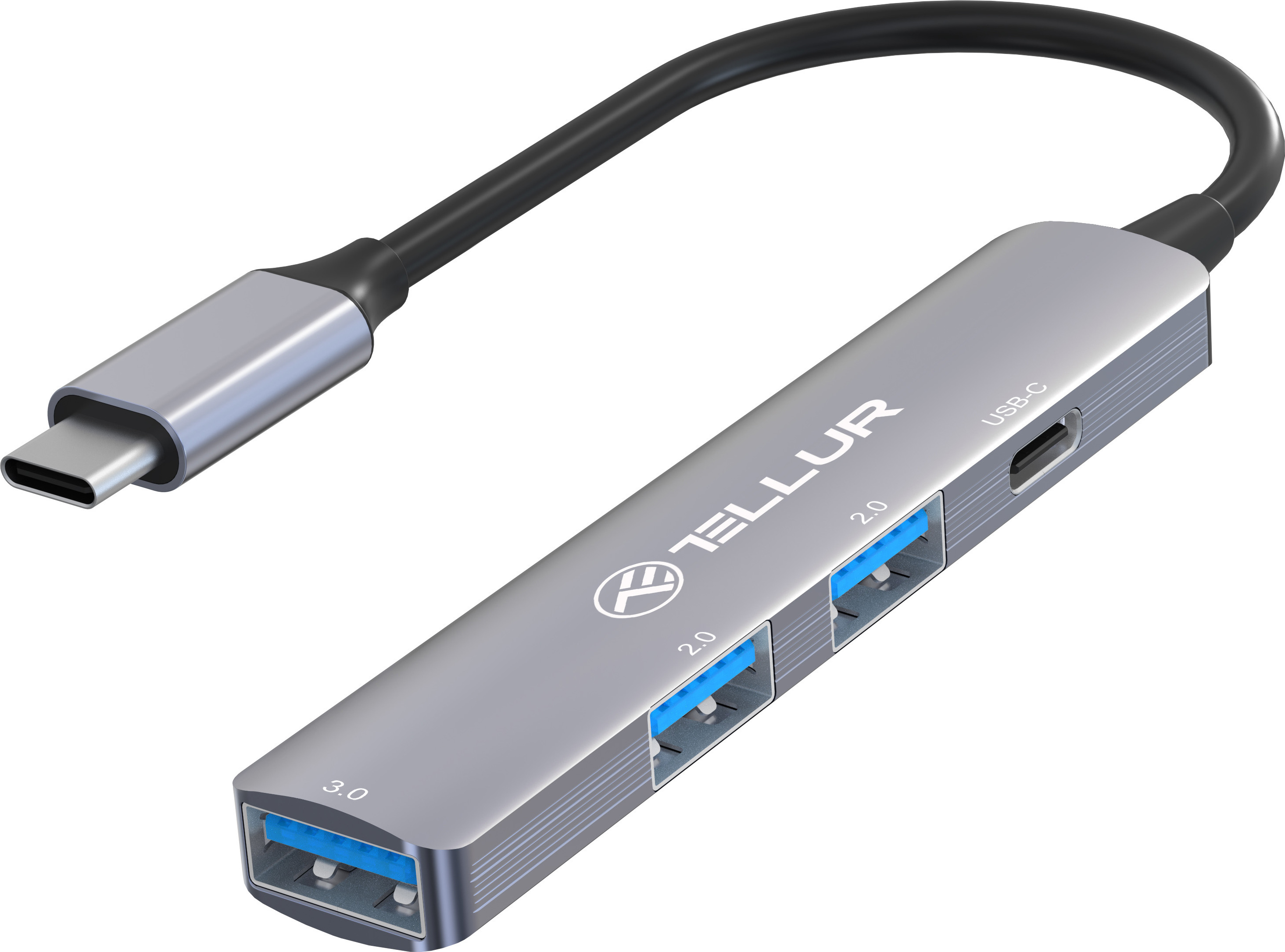 Rozbočovač Tellur 4 v 1 USB-C 3.1, 2xUSB 2.0 + 1xUSB-C + 1xUSB 3.0, hliník, Grau