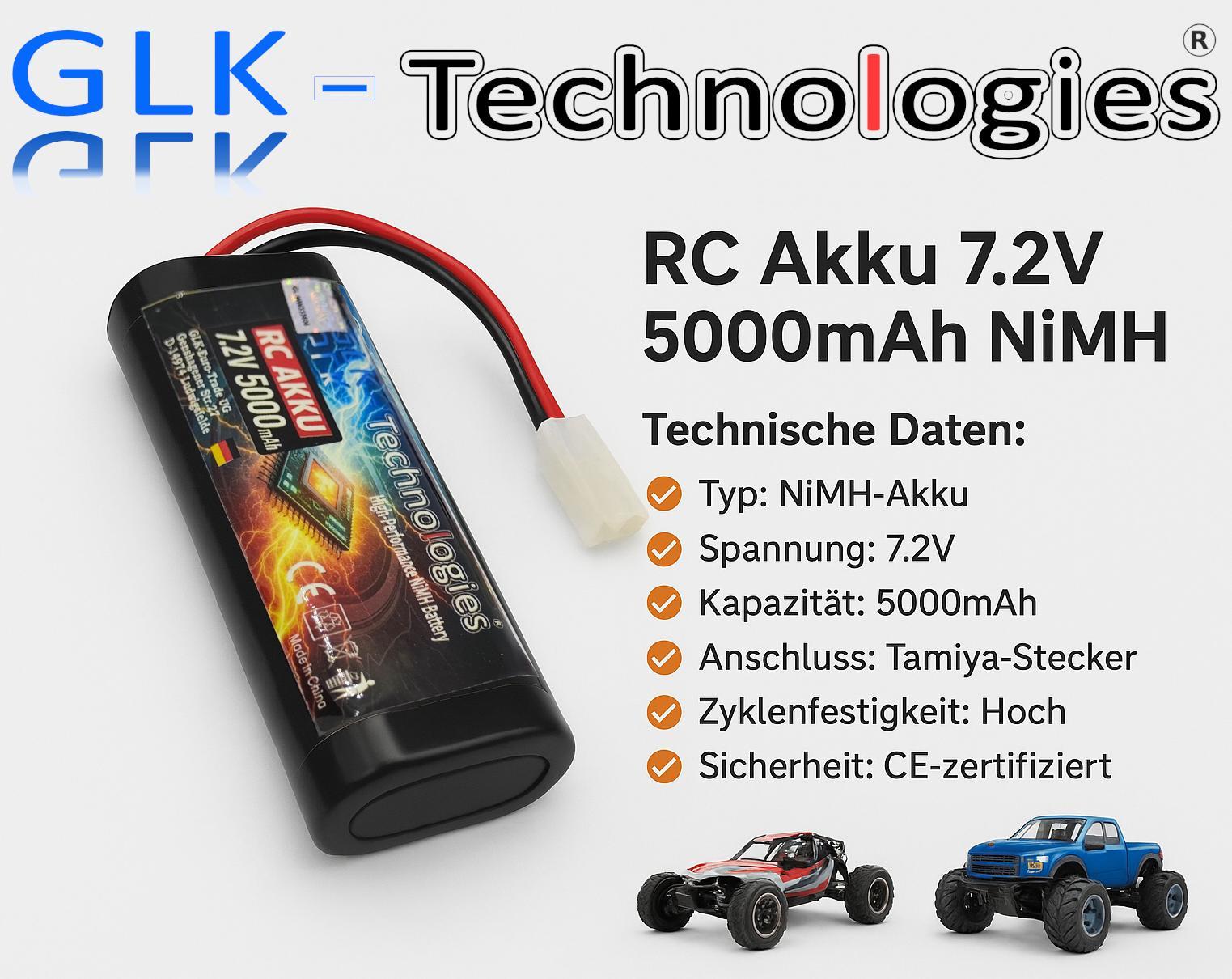 GLK-Technologies GLK_Technologies 7,2V Nimh Akku Batterie mit Tamiya für RC Auto LKW Boot Drohne 5200 mAh NEU