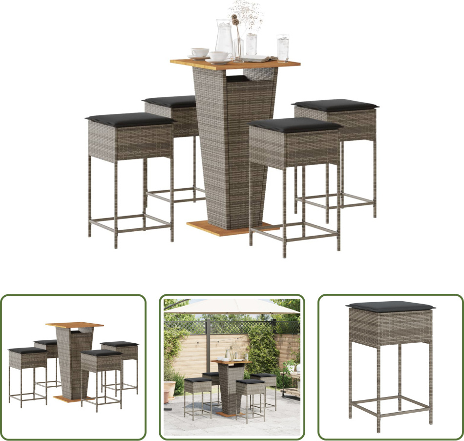 The Living Store 5-dielny záhradný barový set s vankúšmi sivý polyratan