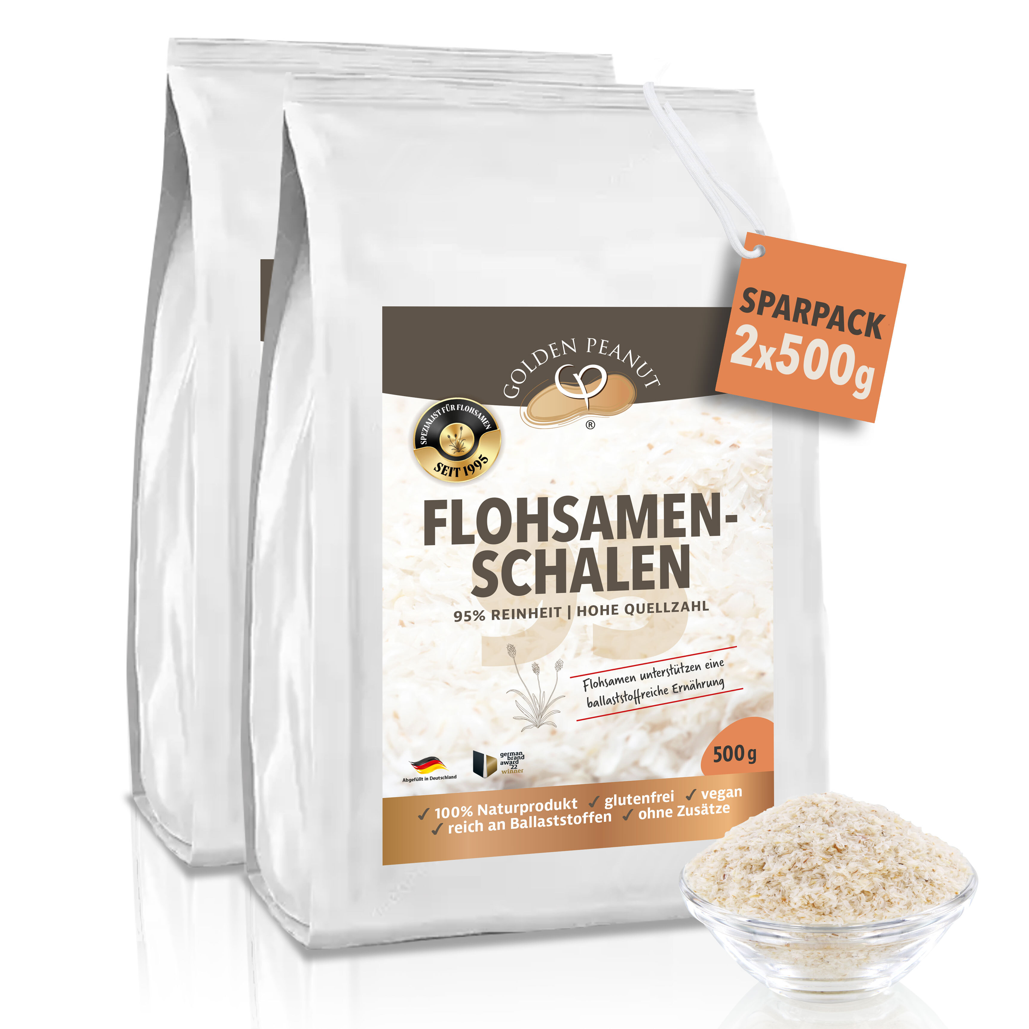 GOLDEN PEANUT Flohsamenschalen 95% 2 x 500 g Reinheit hohe Quellzahl, glutenfrei, ballaststoffreich, vegan, Naturprodukt 50050