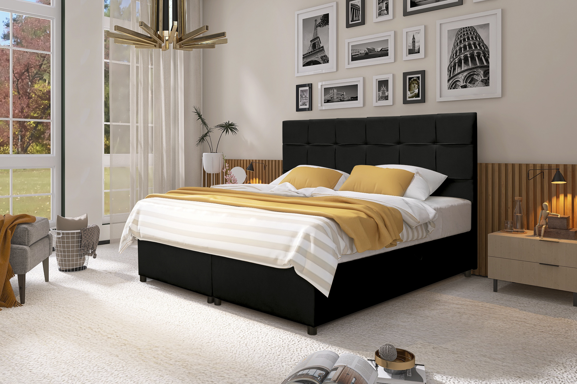 Skriňová posteľ Aether Continental s pružinovým matracom Bonell a topperom, čalúnená posteľ, manželská posteľ (čierna látka Enjoy 25) (180 x 200 cm)