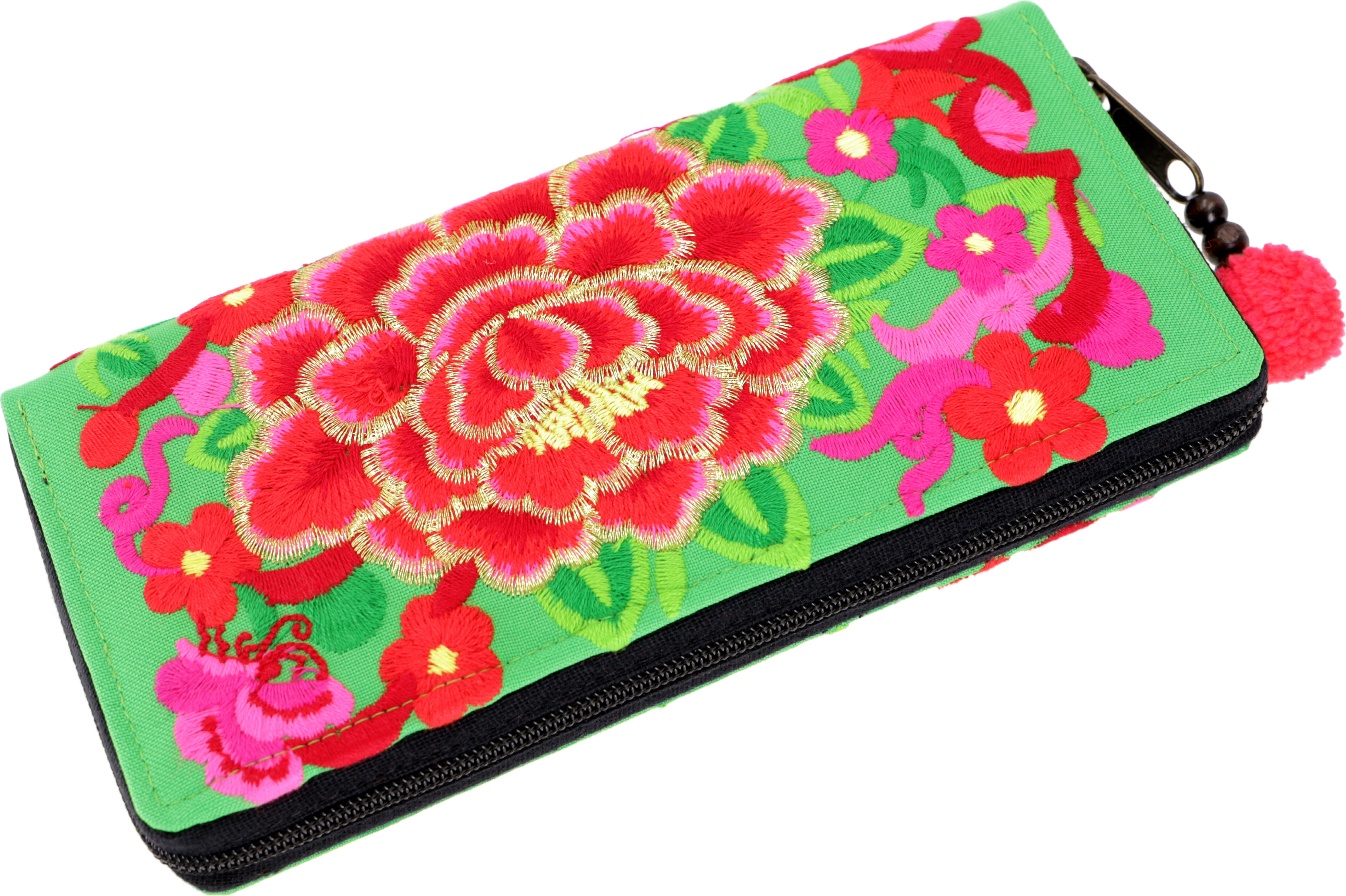 Guru-Shop Besticktes Ethno Portemonnaie Chiang Mai - Grün, Uni - Erwachsene, Baumwolle, 10*20*3 cm, Portemonnaies 38819