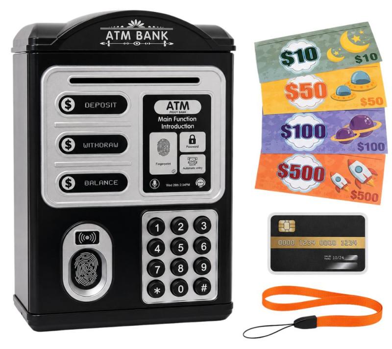 Verk 18319 Kinder-Sparschatulle im ATM-Design mit PIN-Code und Zahlungskarte, schwarz VE_18319
