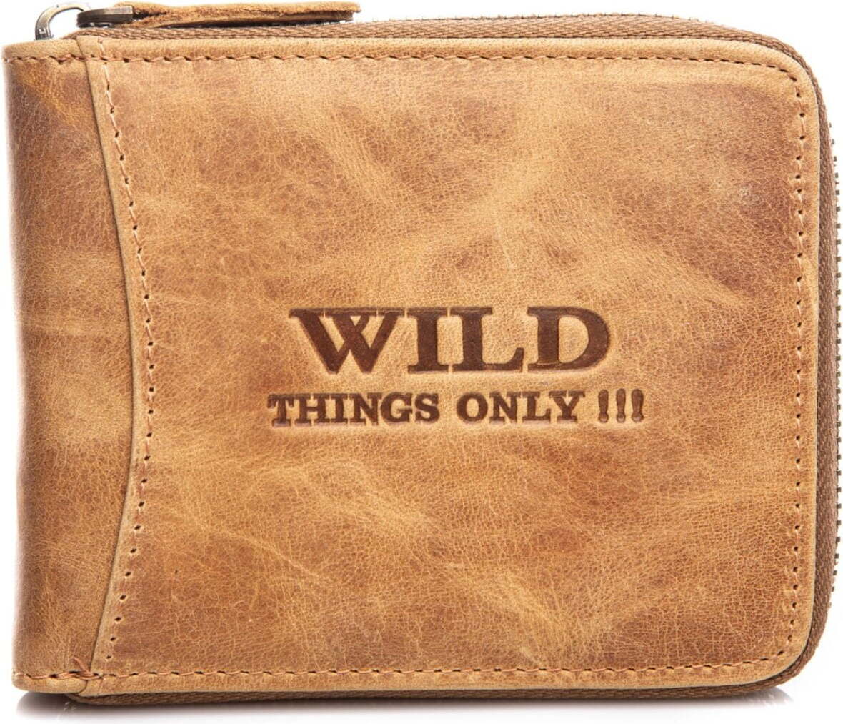 Wild Things Only WILD Herren-Geldbörse, klassisches Design, robustes Leder, rundum Reißverschluss, RFID-Schutz, Beige
