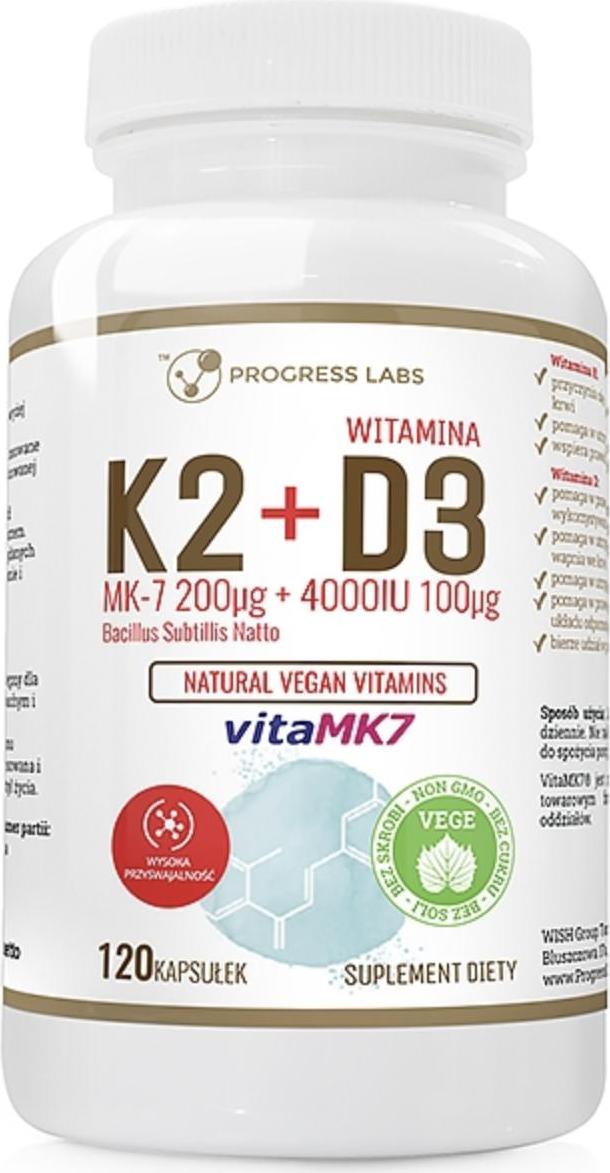 Progress Labs Vegan K2 MK-7+ D3 4000IU+ L-Leucin 120 Kapseln
