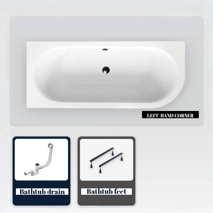 besco Asymmetrische Badewanne - 160 x 75 cm - Links - ohne Verkleidung - mit Füßen - Ablaufgarnitur Chrom - AVITA SLIM AVITASLIM160G-ST-SWAUTO-OT