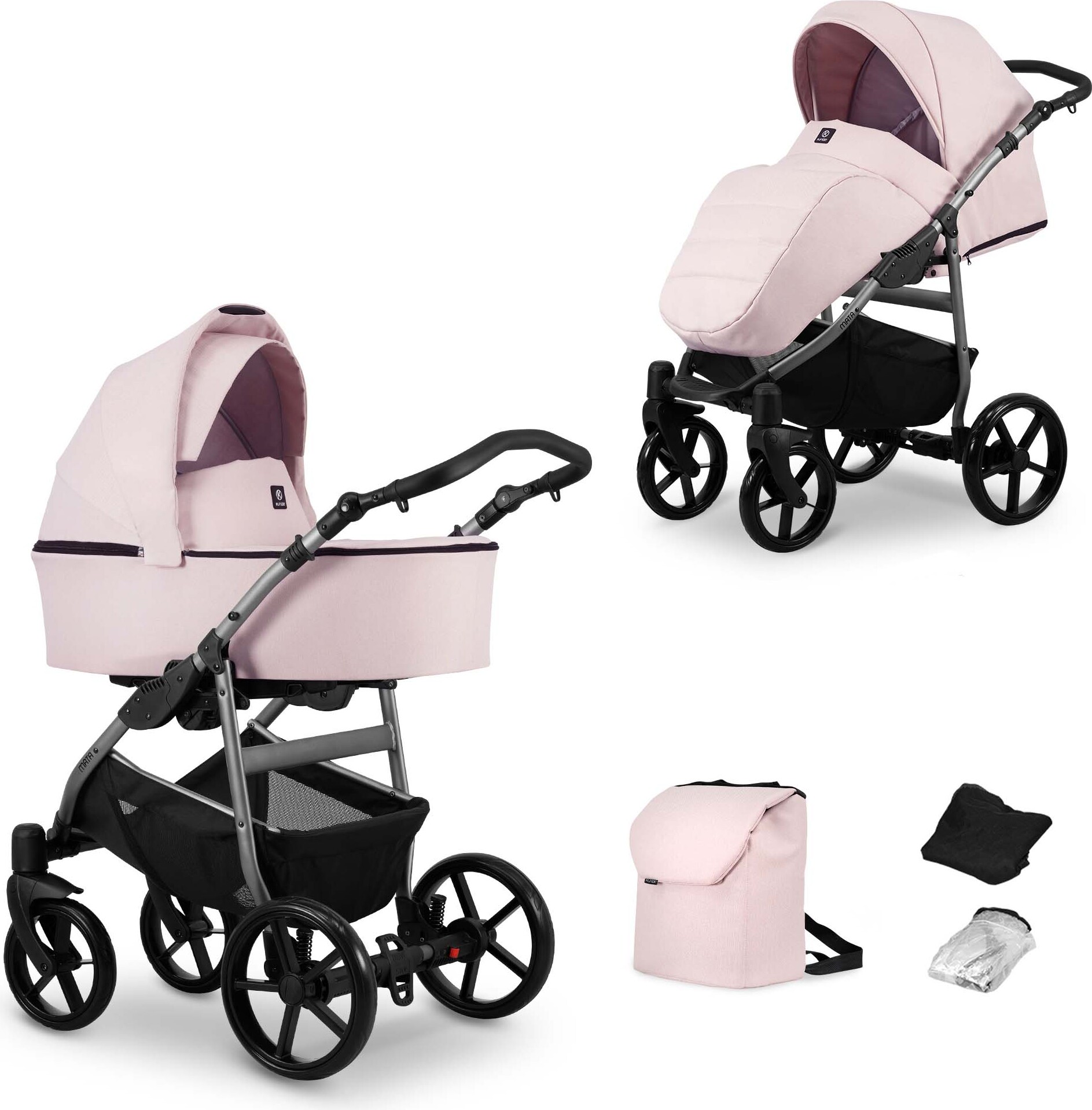 Kinderwagen MATA Sportwagen Babywagen Babyschale Komplettset Kinder Wagen Set 2 in 1 (rose, Rahmenfarbe: Graphite)