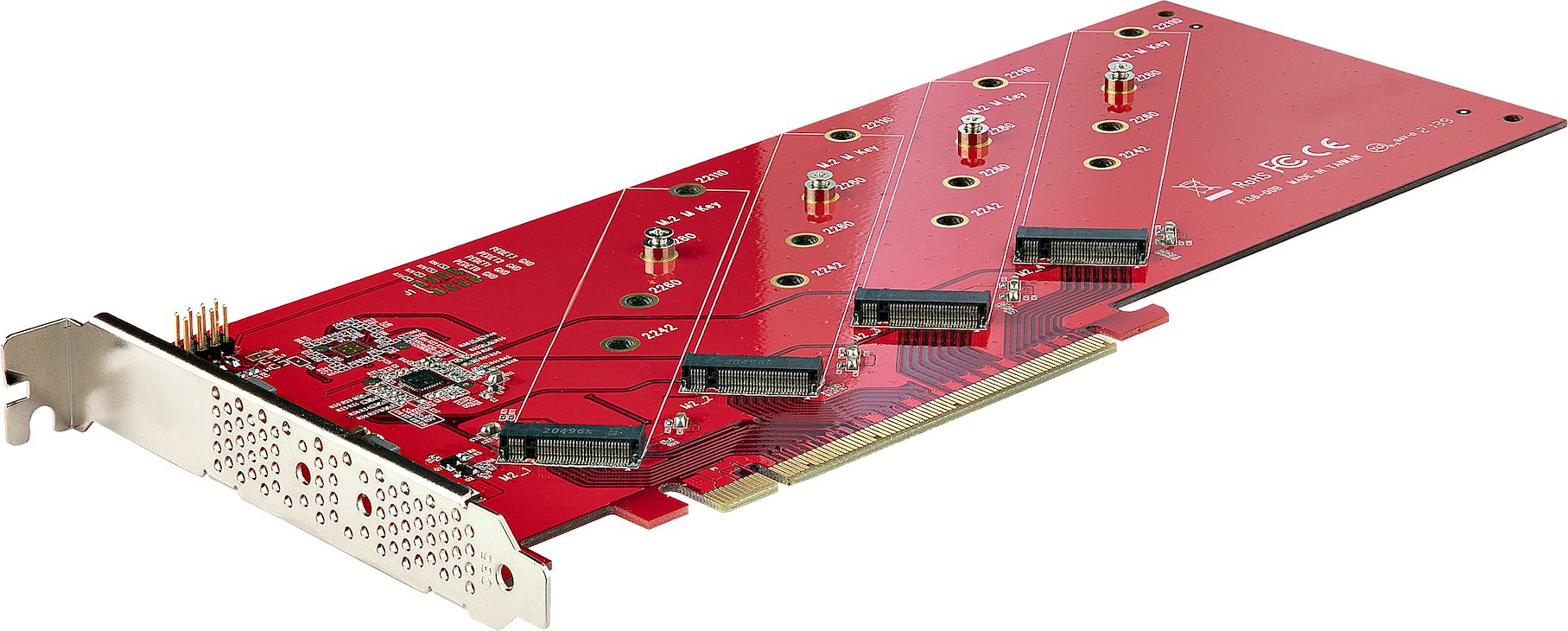 STARTECH.COM Quad M.2 PCIe Adapterkarte PCI Express 4.0 x16 auf Vierfach NVMe oder AHCI M-Key M.2 SSDs 7,8GBit/s je SSD Bifurkation (QUAD-M2-PCIE-CARD-B)