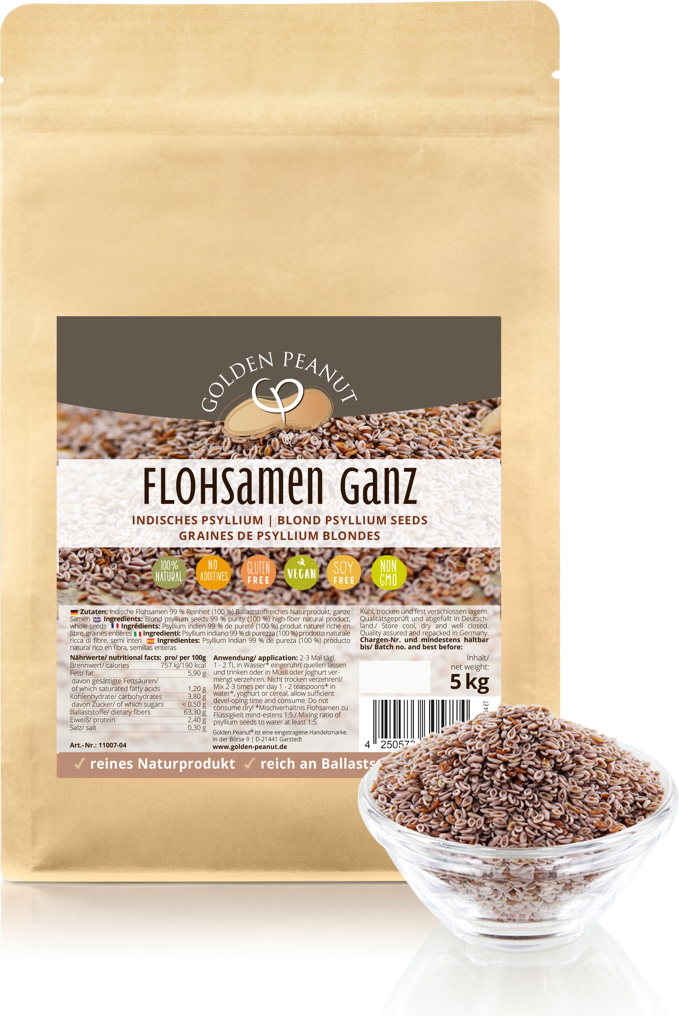 GOLDEN PEANUT Flohsamen ganz 5 kg - 99% Reinheit, ballaststoffreich, ohne Zusätze, qualitäts aus Indien, glutenfreie Backzutat 11007-04