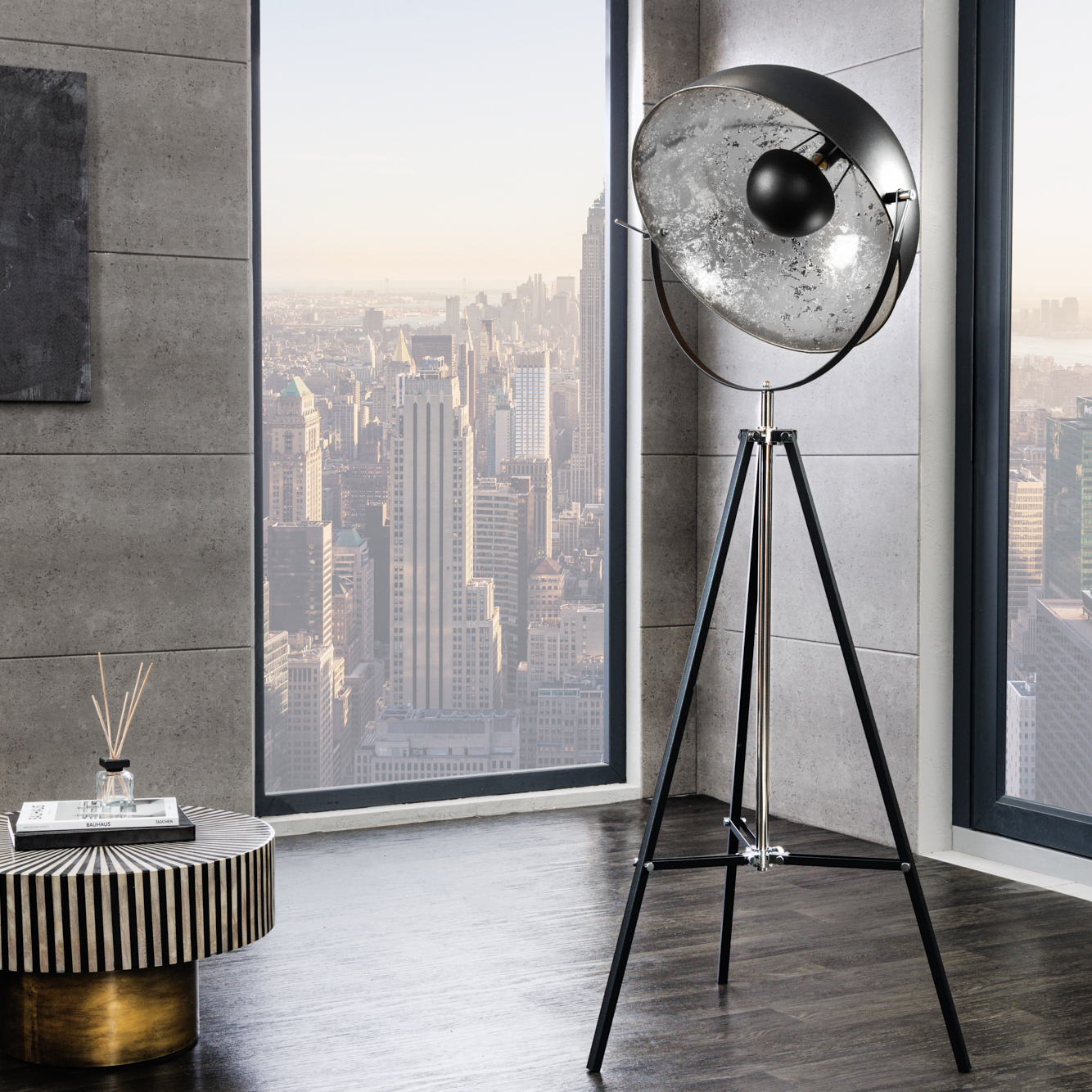 cagü: Industrie Design Stehlampe SPOT Schwarz-Silber 160cm Höhe verstellbar 2203-0323