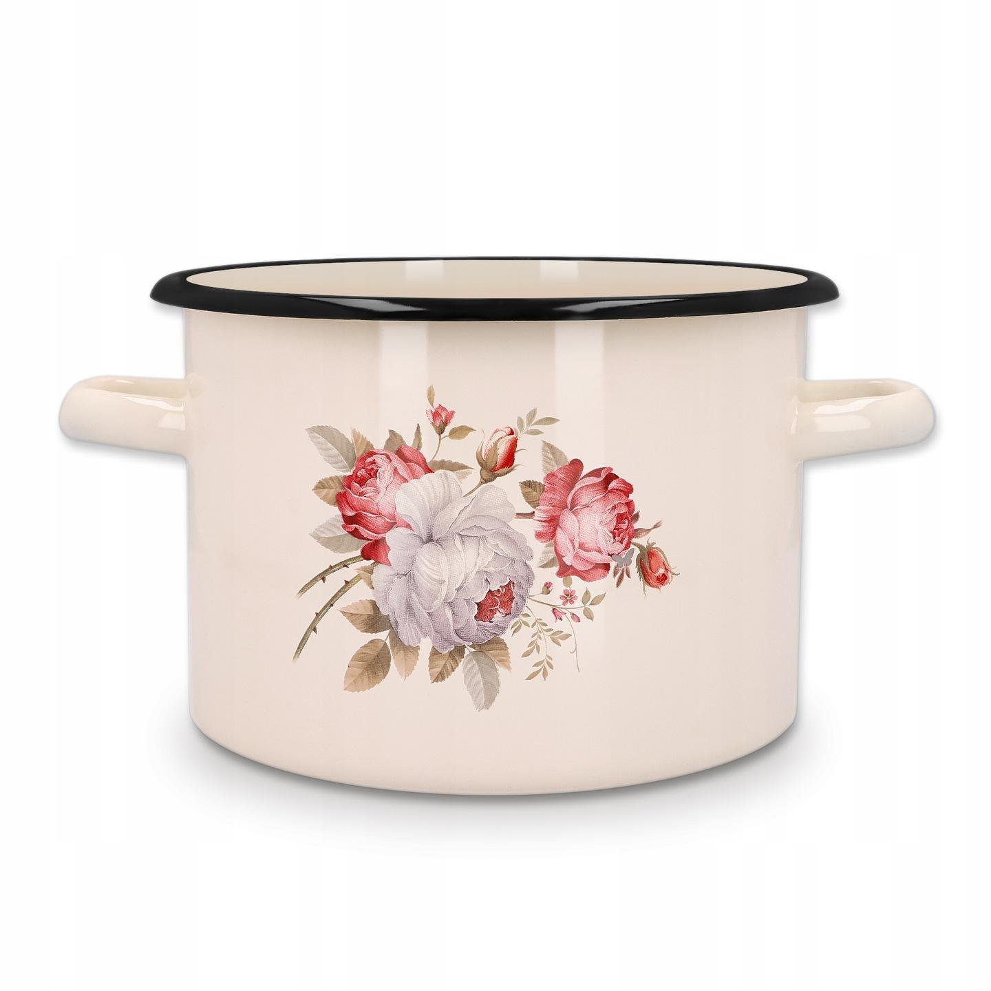 Kuketo | Emaille Kochtopf - 20cm - 4,5 L - Creme mit Rosen - Hochwertige Stahl - Retro Design - Induktionsgeeignet 260625