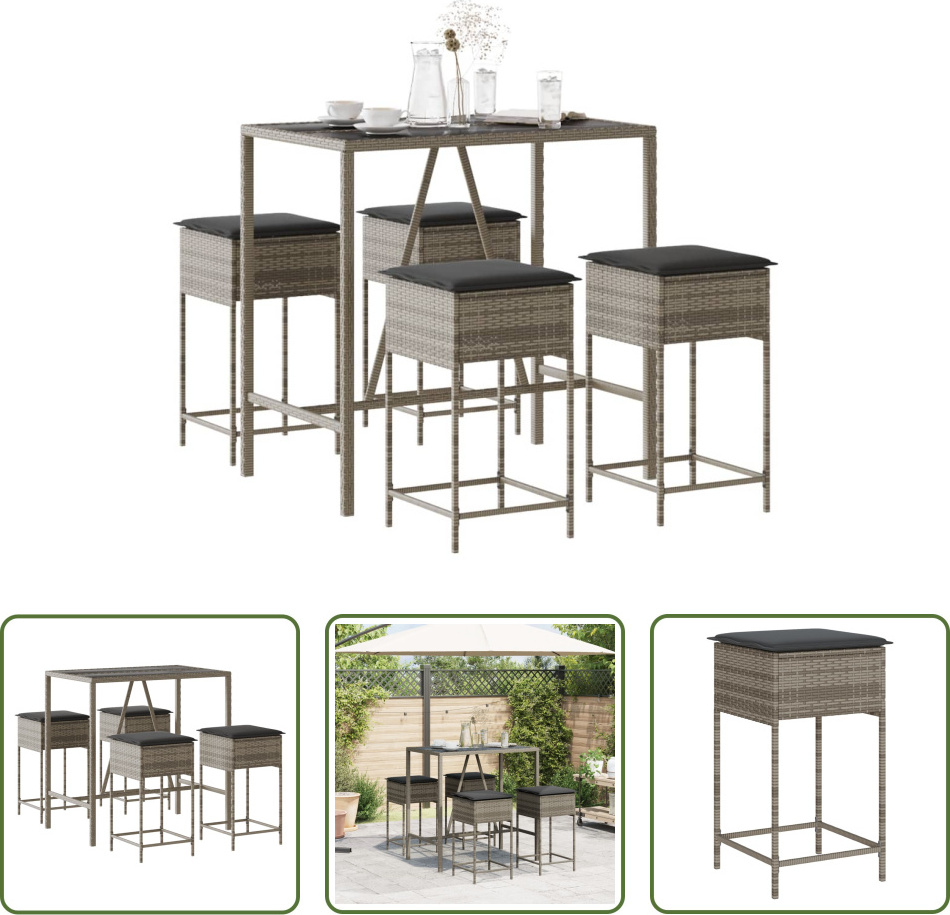 The Living Store 5-dielny záhradný barový set s vankúšmi sivý polyratan