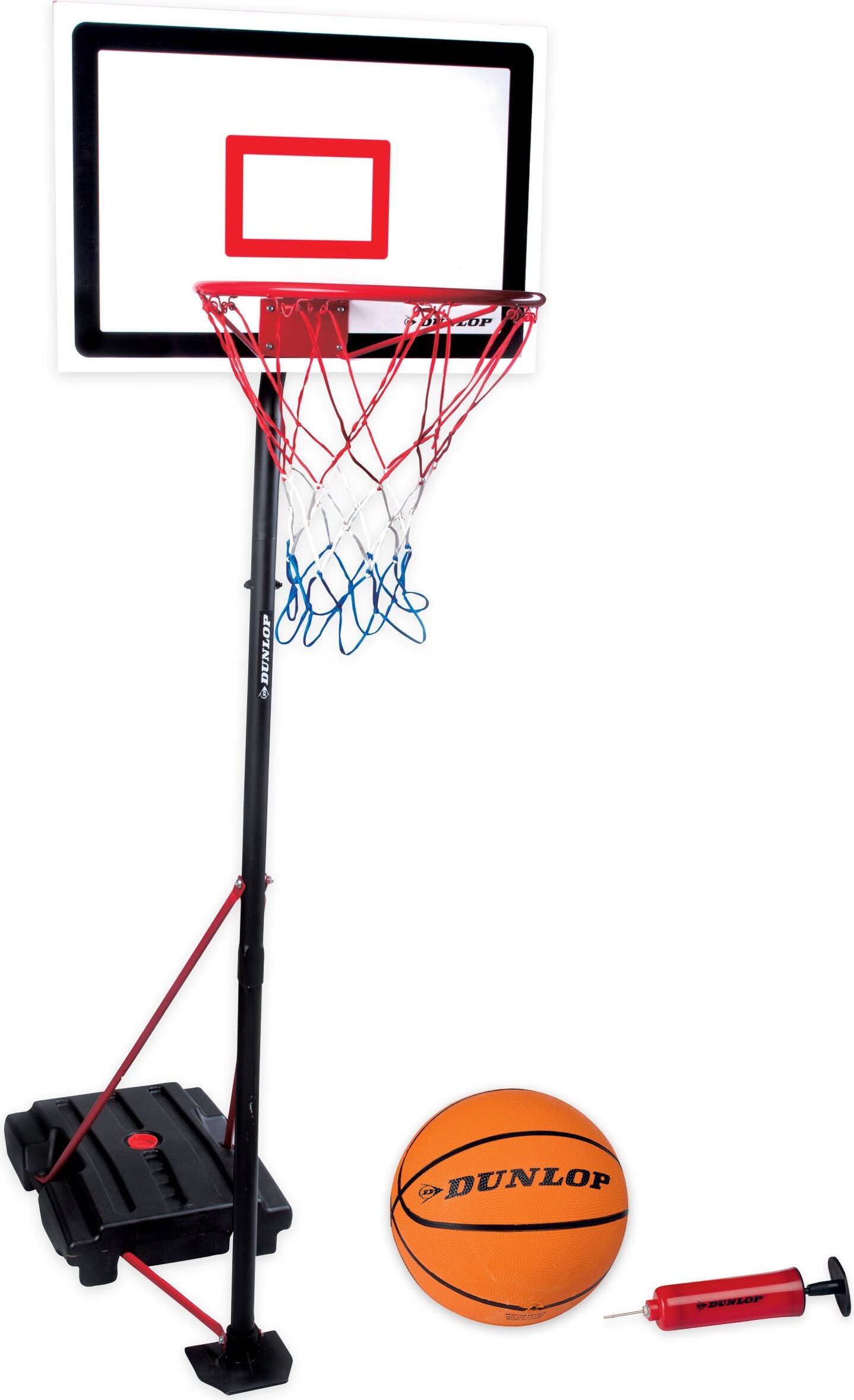 Dunlop Basketballkorb Set – Basketball Korb Höhenverstellbar: 165 - 205 cm – Basketballkörbe mit Basketballständer, Ball und Pumpe – Basketballkorb Outdoor mit Füllbarer Fussstand - Schwarz
