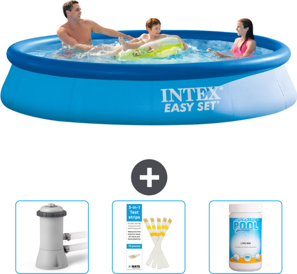 Okrúhly nafukovací bazén Intex Easy-Set - 366 x 76 cm - modrý - súčasťou balenia je filtračné čerpadlo pre bazén - testovacie prúžky - chlór