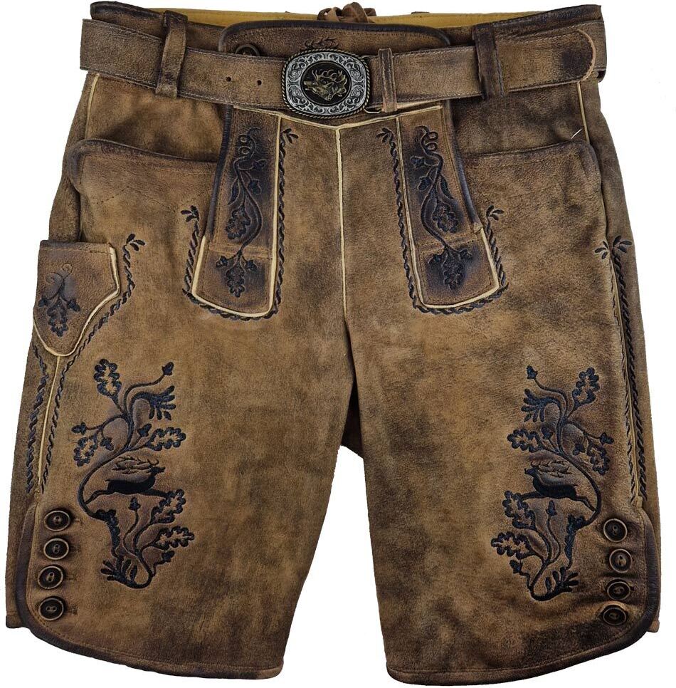 MADDOX Kurze Lederhose "Rothsee" mit Gürtel | Antik Eiche - Schwarze Stickerei Größe: 58 Rothsee-eiche Antik