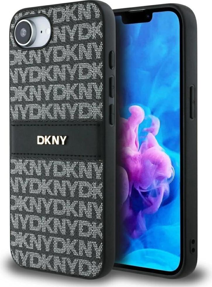 DKNY ochranný kryt s opakujúcim sa vzorom a tónovaným pruhom pre iPhone 16e čierny DKHCPSE4PRTHSLK